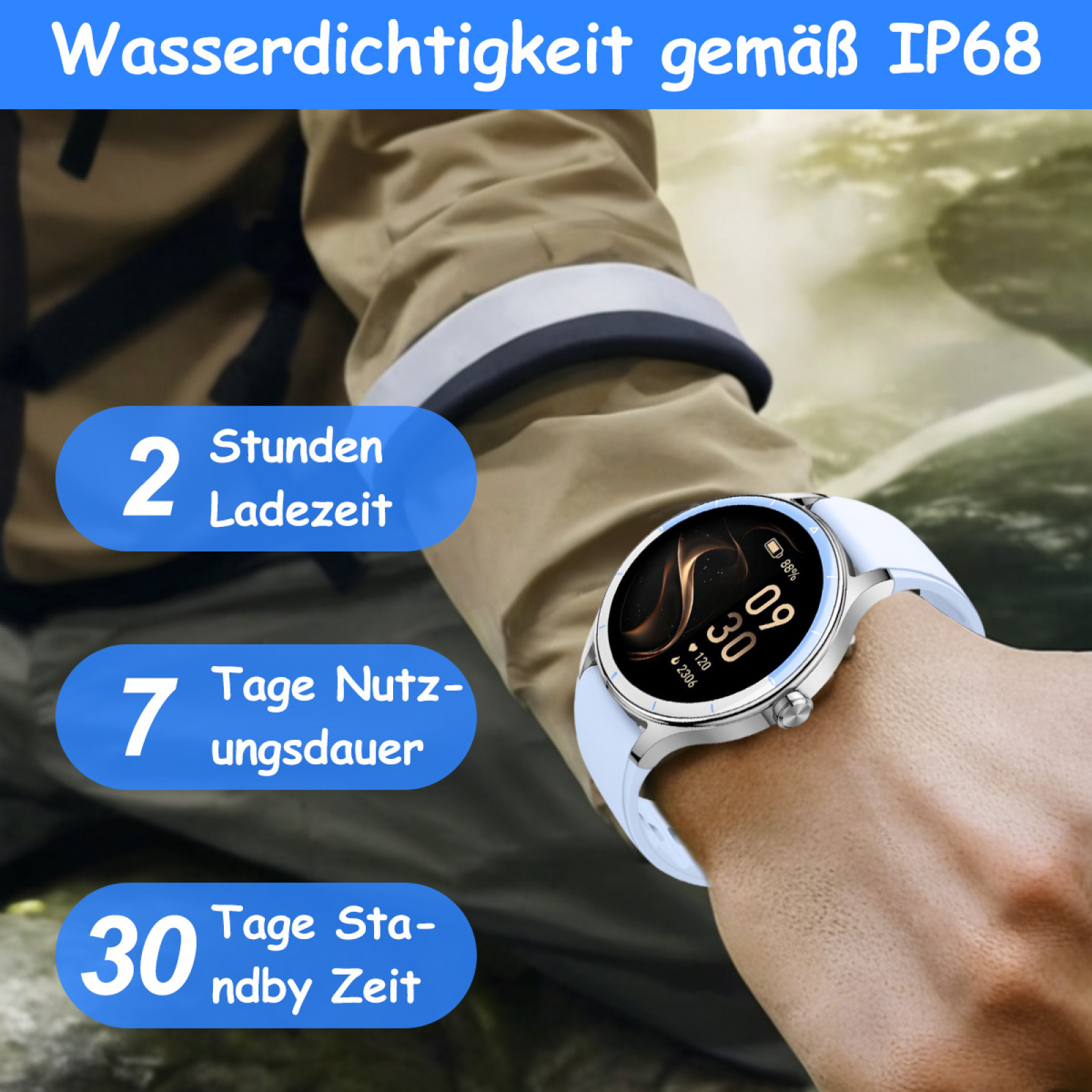 Eine Person, die eine hellblaue Smartwatch trägt. Text beschreibt Akkulaufzeit, Nutzungsdauer und Standby-Zeit.