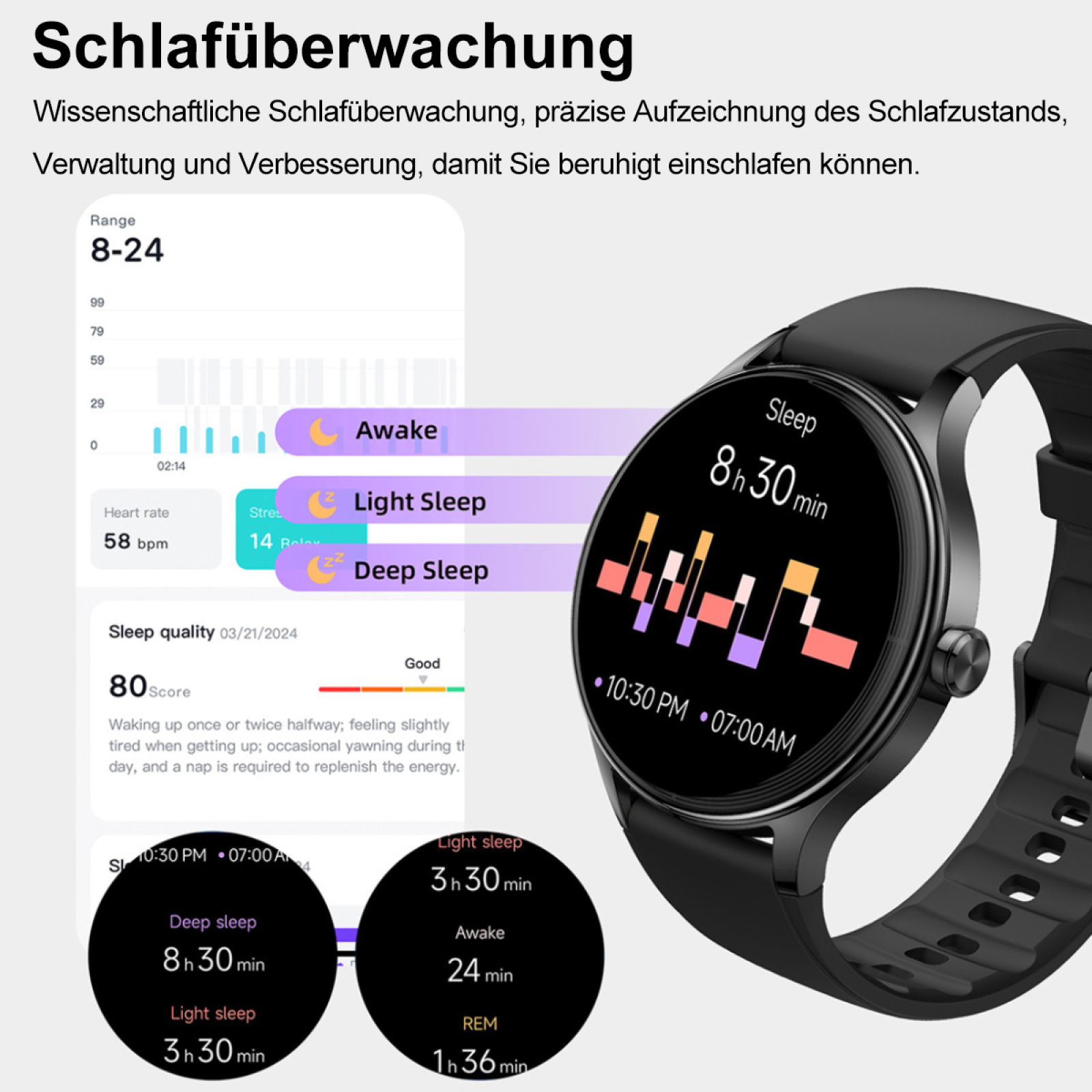 Eine schwarze Smartwatch, die Schlafdaten anzeigt, einschließlich Schlafphasen, Herzfrequenz und einem Schlafqualitätswert.