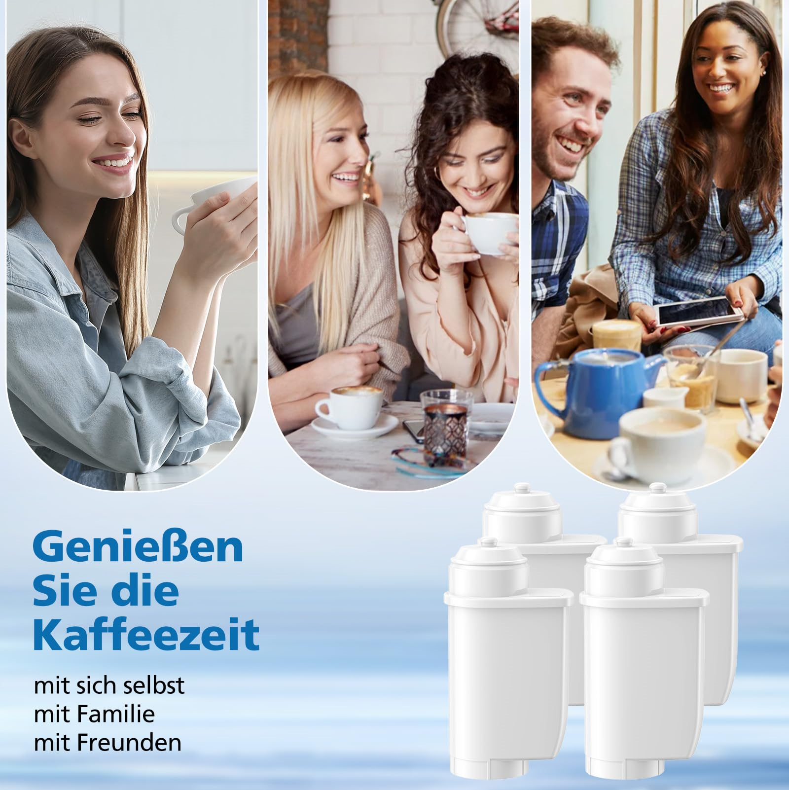 Das Bild zeigt verschiedene Personen, die Kaffee mit Freunden und Familie genießen, mit Kaffeefiltern im Vordergrund.
