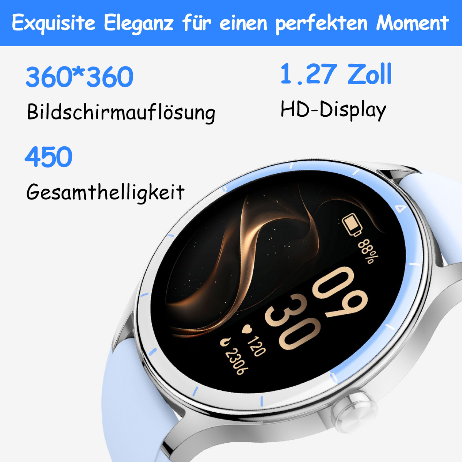Nahaufnahme einer Smartwatch mit hellblauem Armband, die Zeit und Gesundheitsdaten anzeigt; enthält Textelemente.