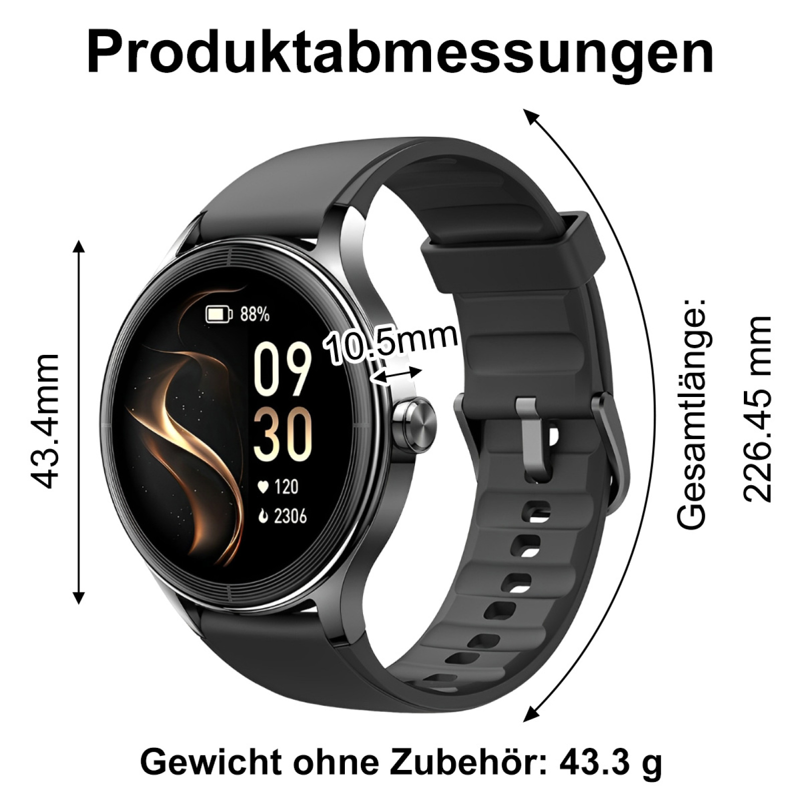 Eine schwarze Smartwatch mit rundem Display, das Zeit und Gesundheitsmetriken anzeigt, mit schwarzem Armband, vor weißem Hintergrund.