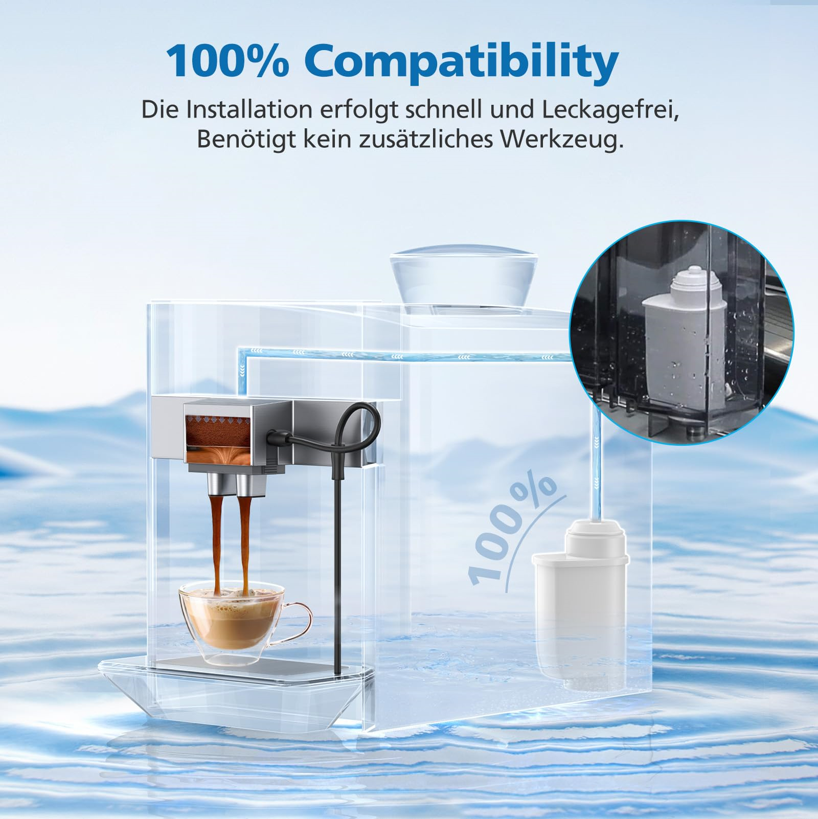 Das Bild zeigt eine Kaffeemaschine, bei der Wasser in eine Tasse fließt. Ein Filter ist für den Vorgang eingesetzt.