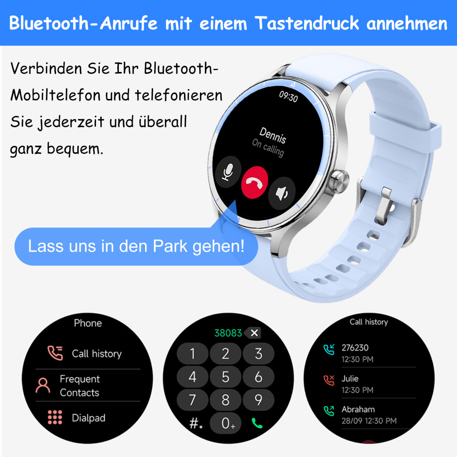 Eine Smartwatch mit hellblauem Armband, die eine Anrufschnittstelle mit einem Nummernblock und Anrufverlauf anzeigt.