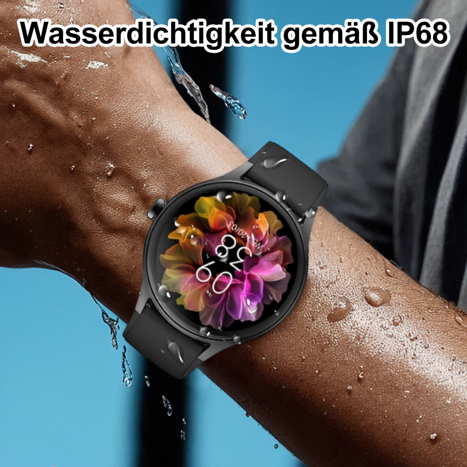 Eine Smartwatch mit farbenfroher Blumendarstellung auf einem nassen Arm, mit Wassertropfen.