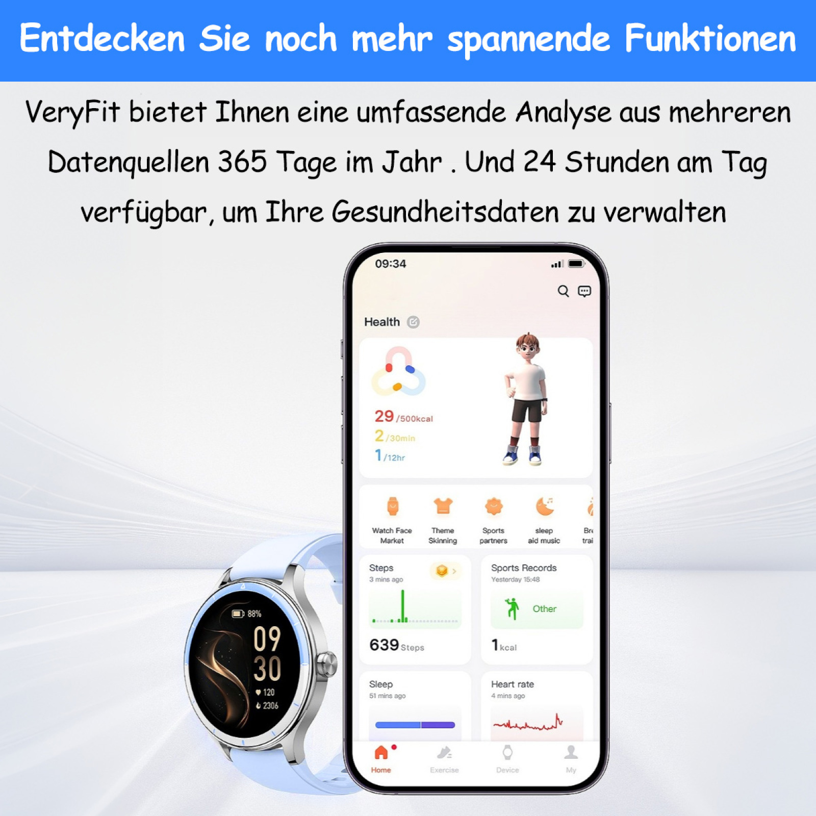 Eine Smartwatch, die Gesundheitsdaten anzeigt, und ein Telefon, das Trainings- und Gesundheitsmetriken zeigt. Eine Cartoonfigur ist sichtbar.