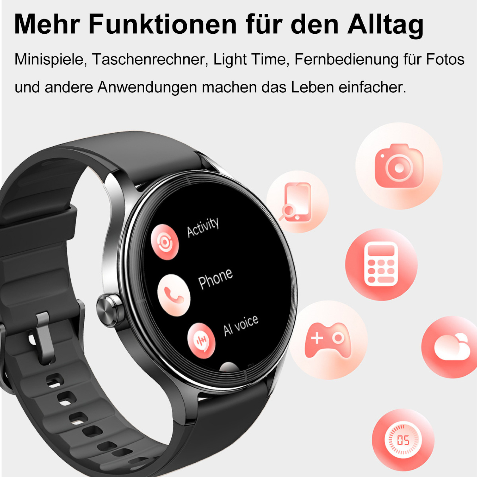 Smartwatch mit schwarzem Armband, zeigt Symbole für Aktivität, Telefon und AI-Sprache. Hintergrund zeigt App-Symbole.