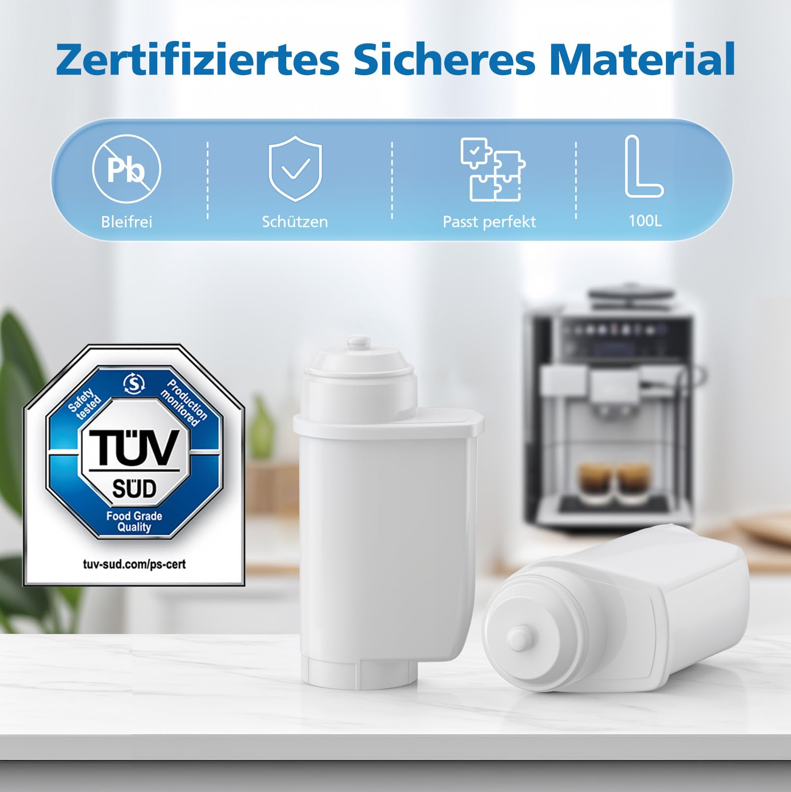Ein Bild eines Kaffeefilters und einer Kaffeemaschine, neben Symbolen, die Sicherheits- und Qualitätszertifizierungen anzeigen.