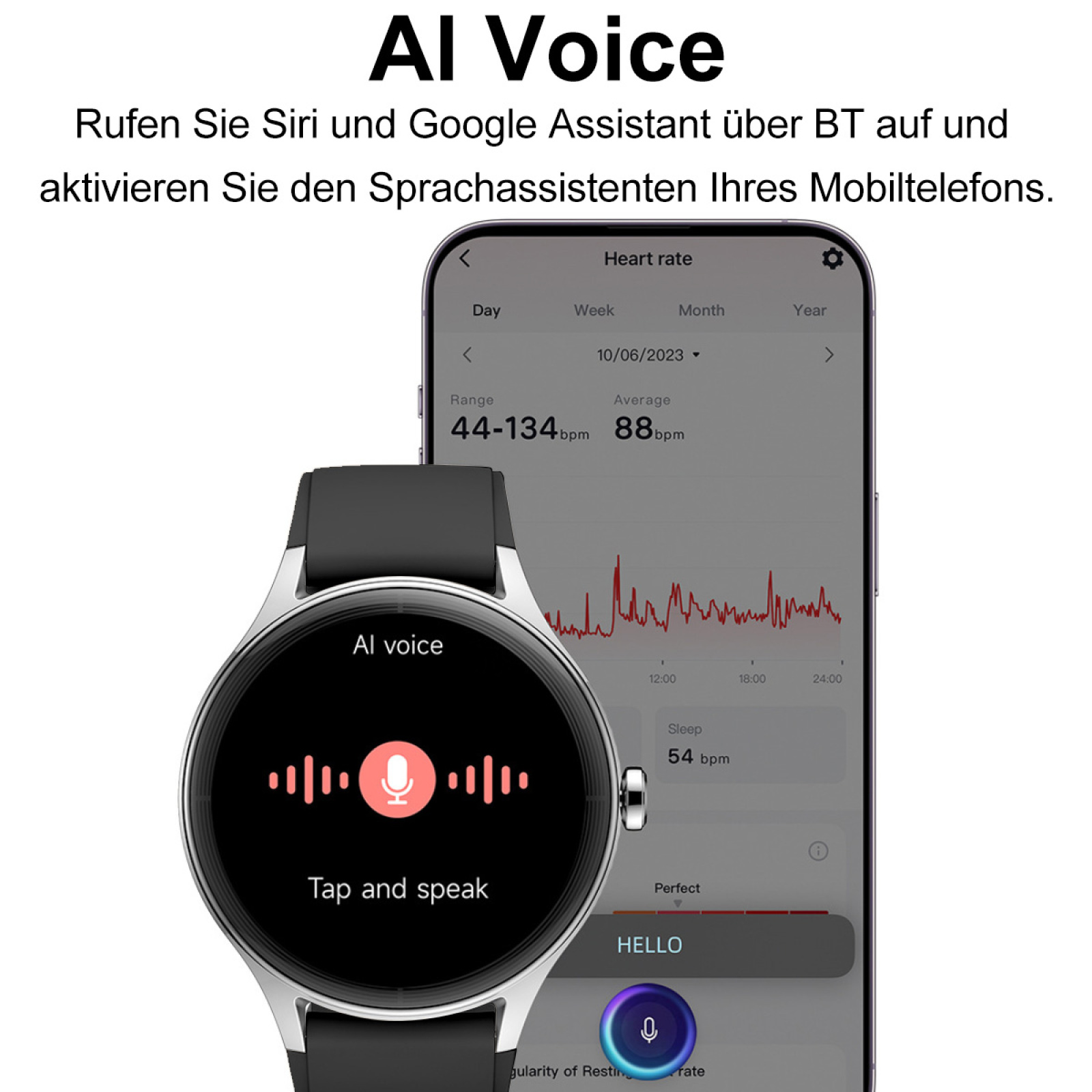 Smartwatch zeigt Herzfrequenzdaten, mit Mikrofon-Symbol für AI-Sprachaktivierung. Tippen und sprechen für AI.