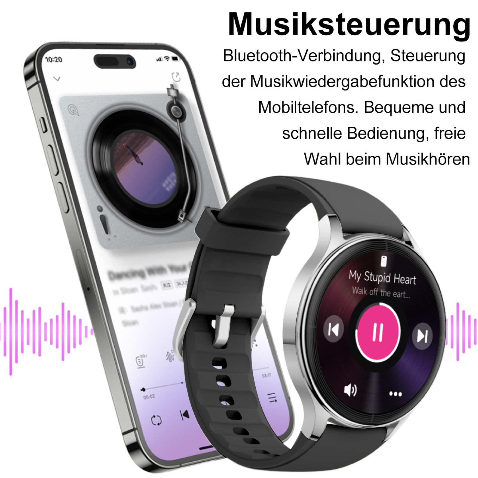 Eine Smartwatch befindet sich neben einem Smartphone. Die Uhr zeigt Musiksteuerungen und das Telefon spielt Musik ab.