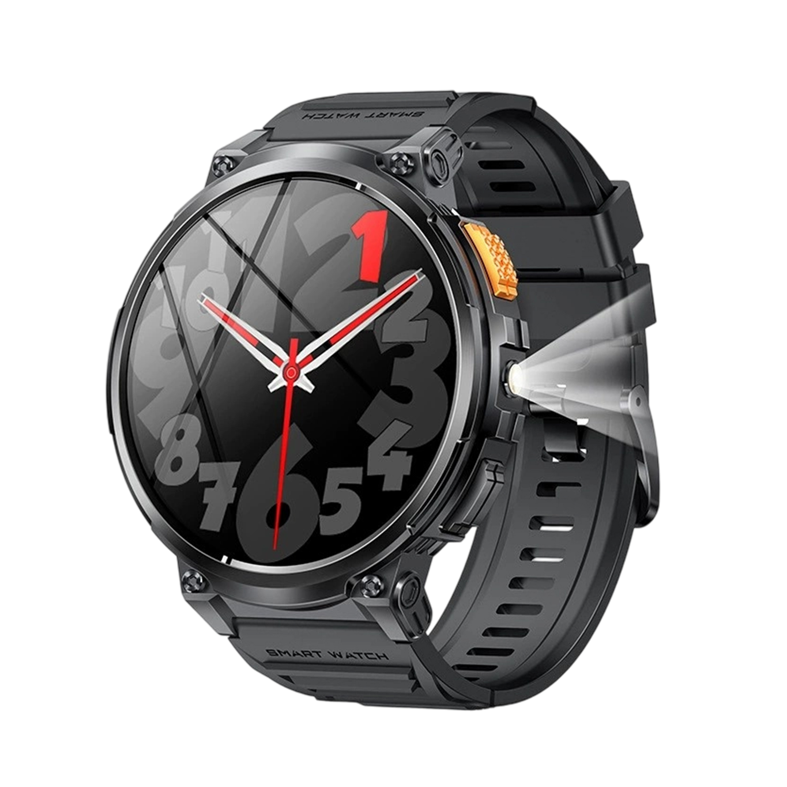 Schwarze Smartwatch mit rundem Display. Das Zifferblatt zeigt große Zahlen und rote Zeiger. Die Uhr hat eine Taschenlampe.