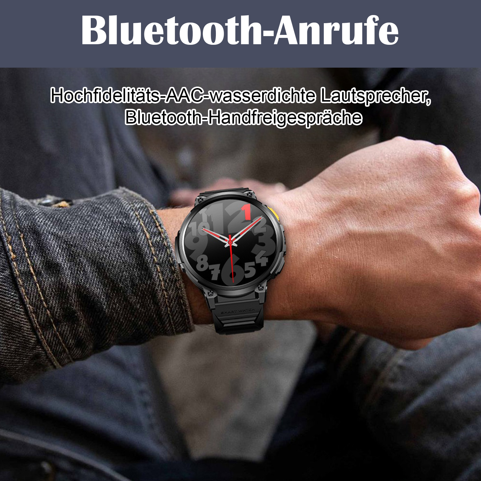 Eine Person trägt eine Jeansjacke und hält eine Smartwatch am Handgelenk, schwarzes Zifferblatt.