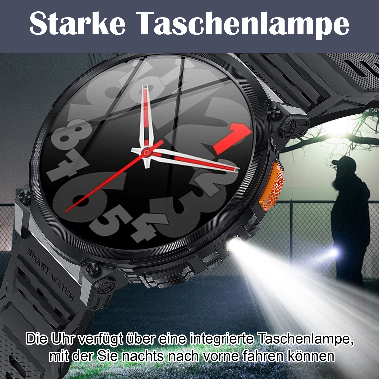 Schwarze Smartwatch mit leuchtender Taschenlampe. Eine Person hält im Hintergrund eine Taschenlampe. Text: Starke Taschenlampe.
