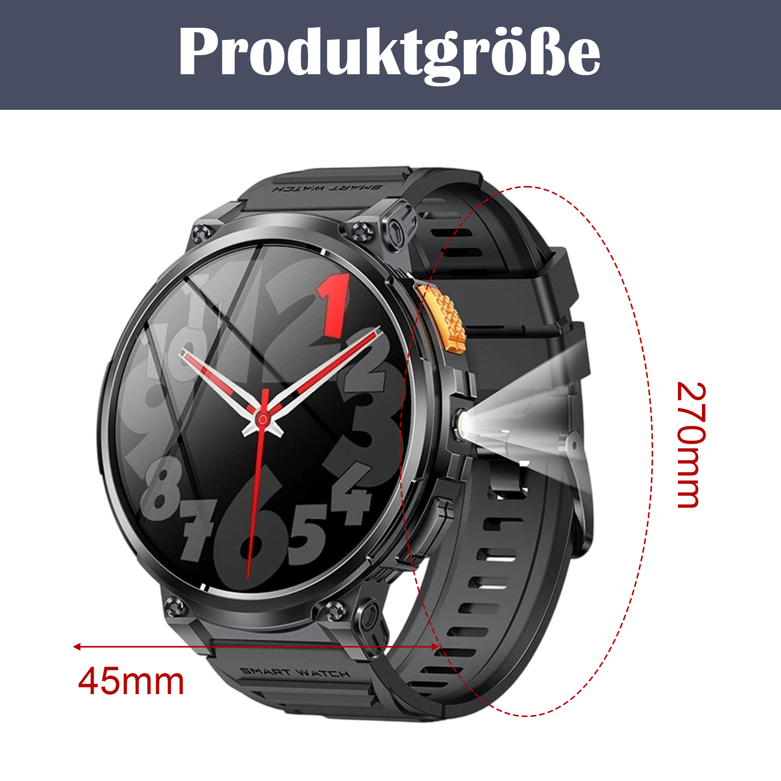 Schwarze Smartwatch mit rundem Bildschirm, zeigt Zahlen. Die Maße sind 45mm und 270mm.