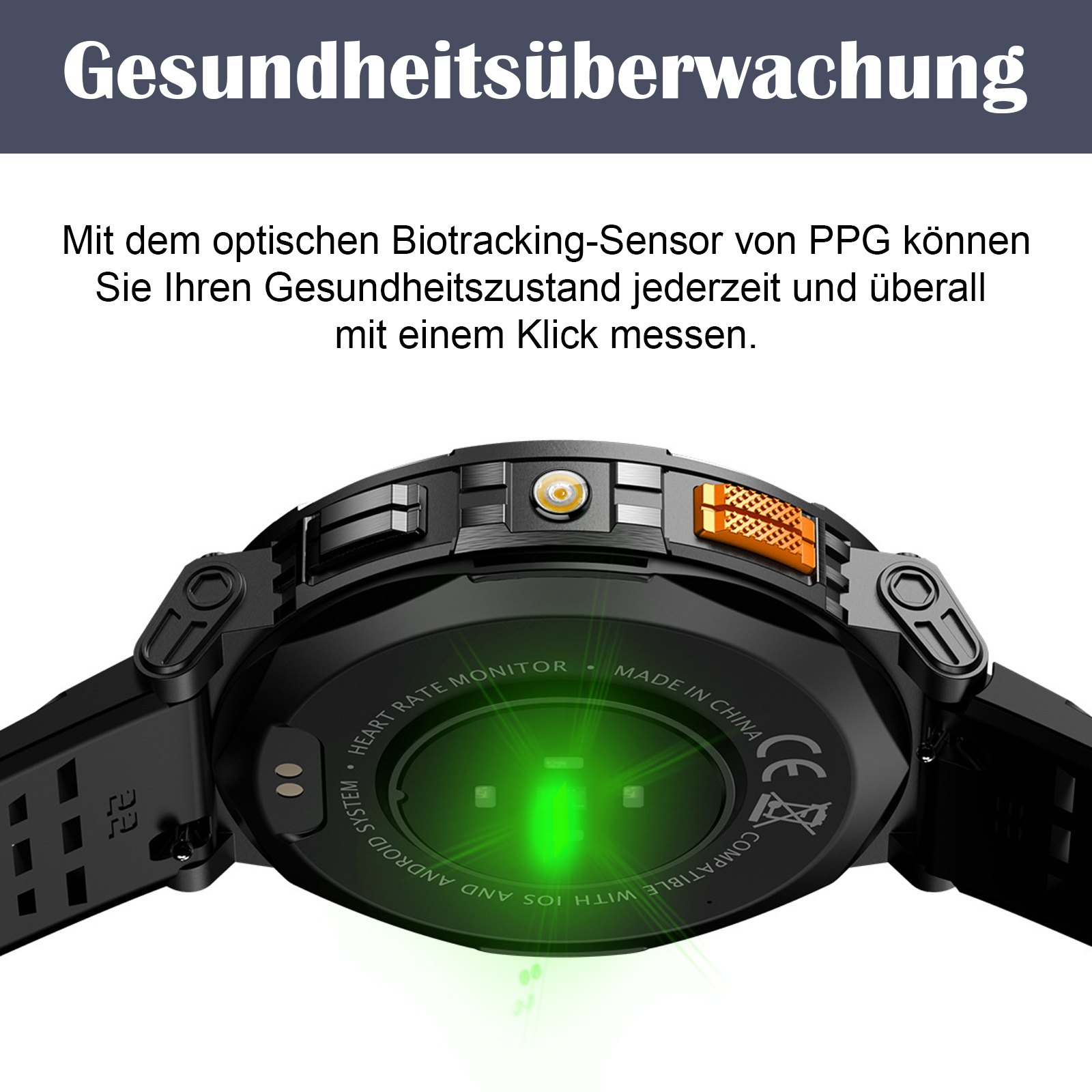 Nahaufnahme der Unterseite einer schwarzen Smartwatch. Grünes Licht wird vom Sensor emittiert. Text: Gesundheitsüberwachung.