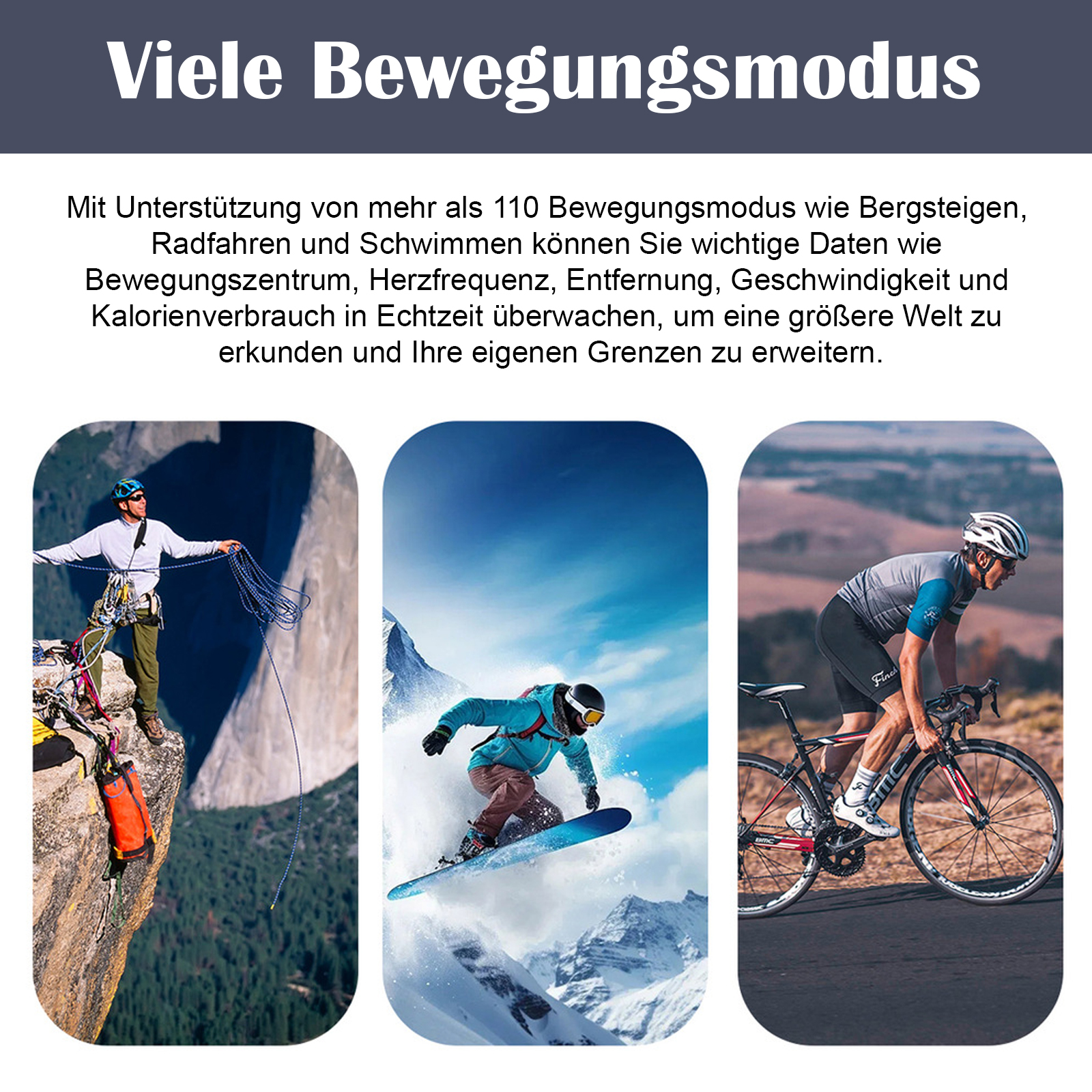 Drei Bilder, die Klettern, Snowboarden und Radfahren zeigen, zur Förderung von Sport und Aktivität.