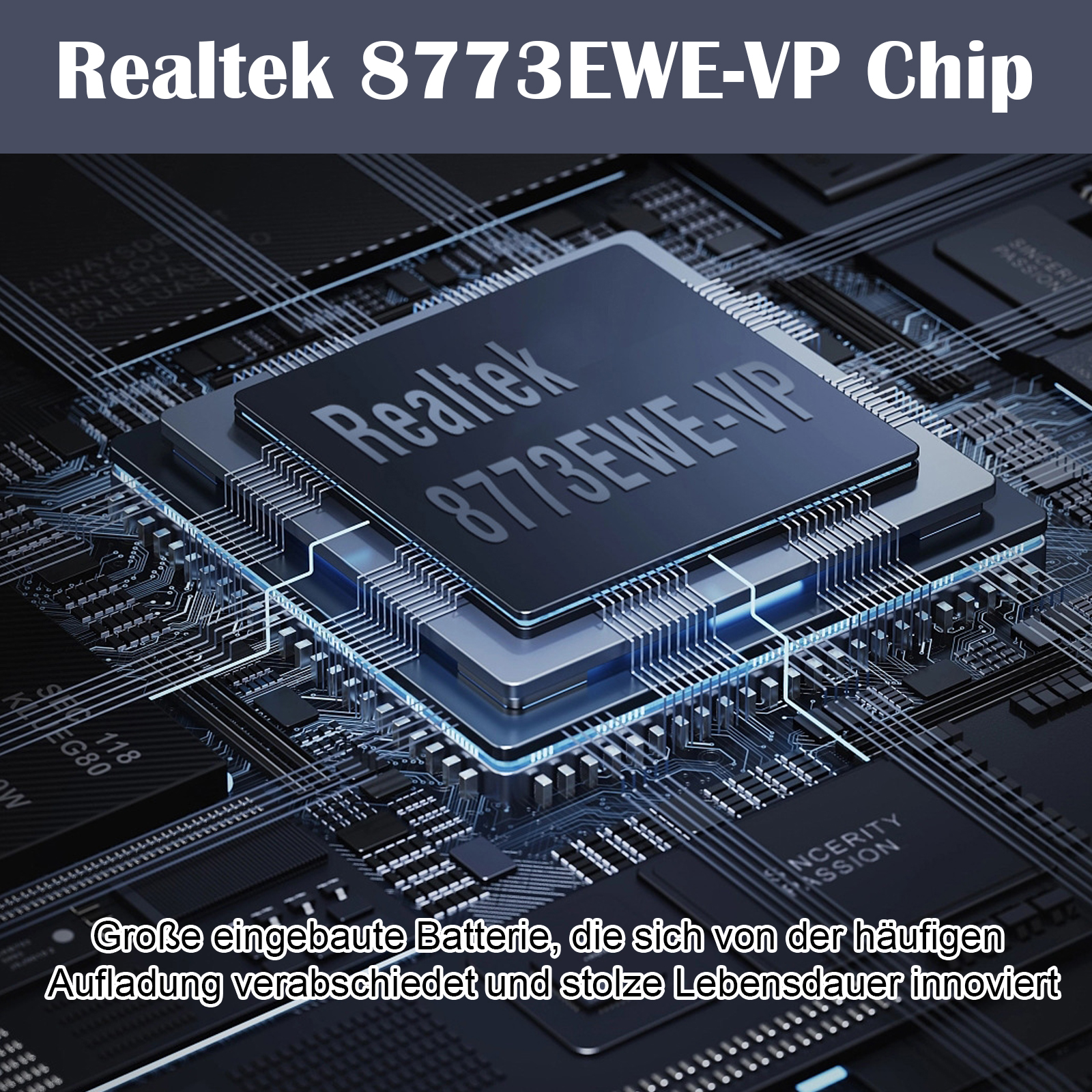 Nahaufnahme eines Computerchips. Text: Realtek 8773EWE-VP Chip. Der Chip ist von vielen anderen elektronischen Komponenten umgeben.
