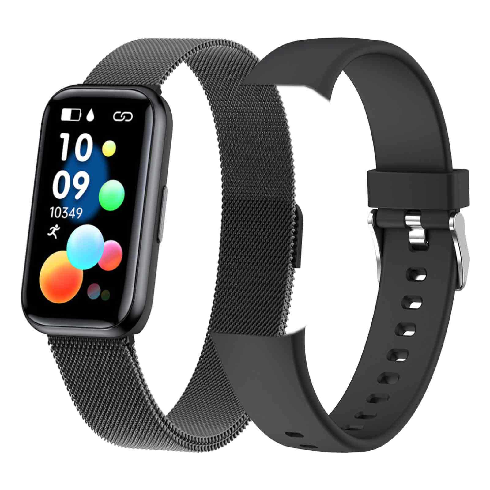 Eine schwarze Smartwatch mit zwei Armbändern, eines aus Mesh, eines aus Gummi, zeigt App-Symbole.