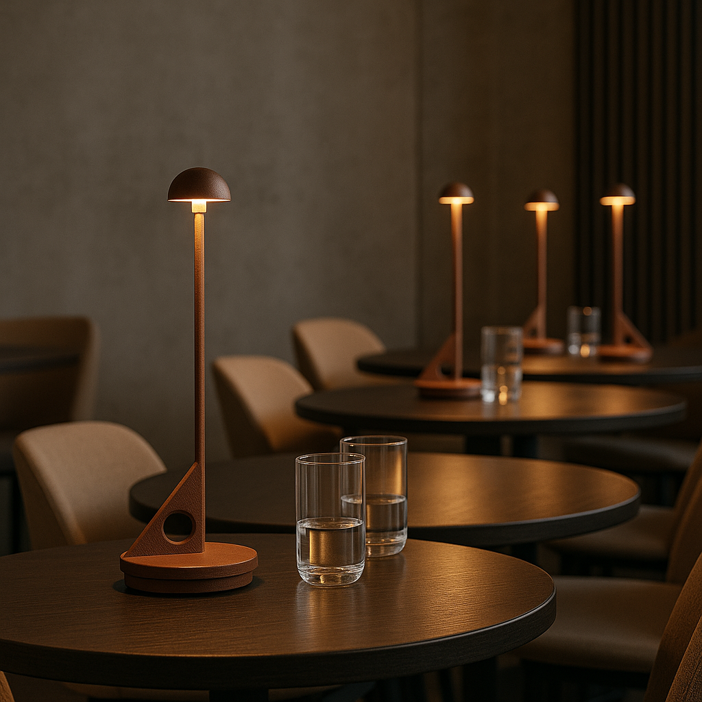 Eine Restaurantszene mit braunen Tischen, Gläsern und kleinen braunen Lampen, gedämpfte Beleuchtung.