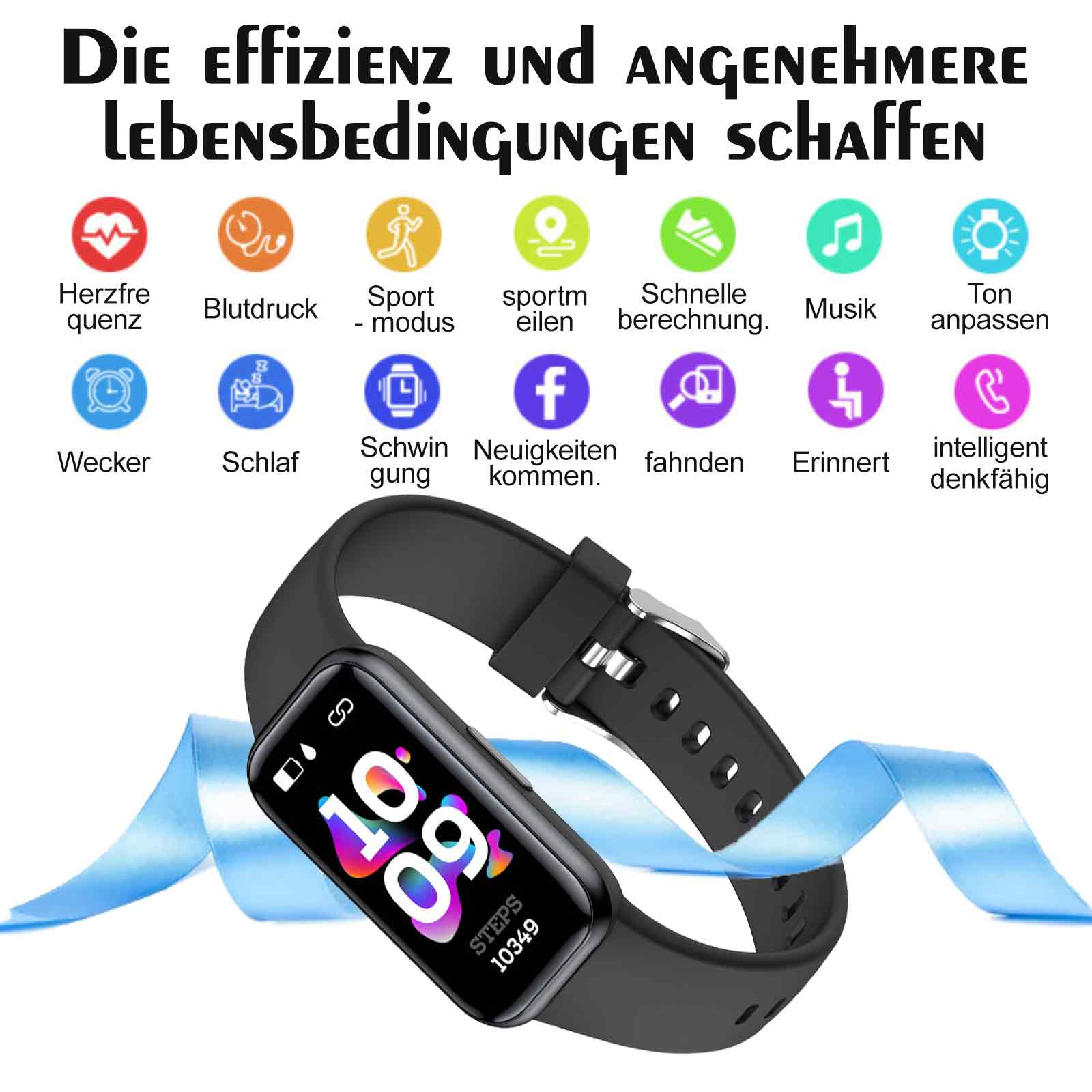 Schwarze Smartwatch mit mehreren Symbolen und einem Display. Text: Die Effizienz und angenehmere Lebensbedingungen schaffen.