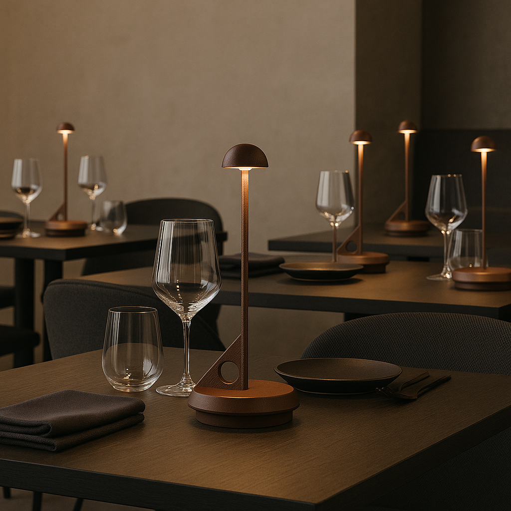 Eine Restaurantszene mit Tischen, Gläsern und kleinen braunen Lampen, gedämpfte Beleuchtung.