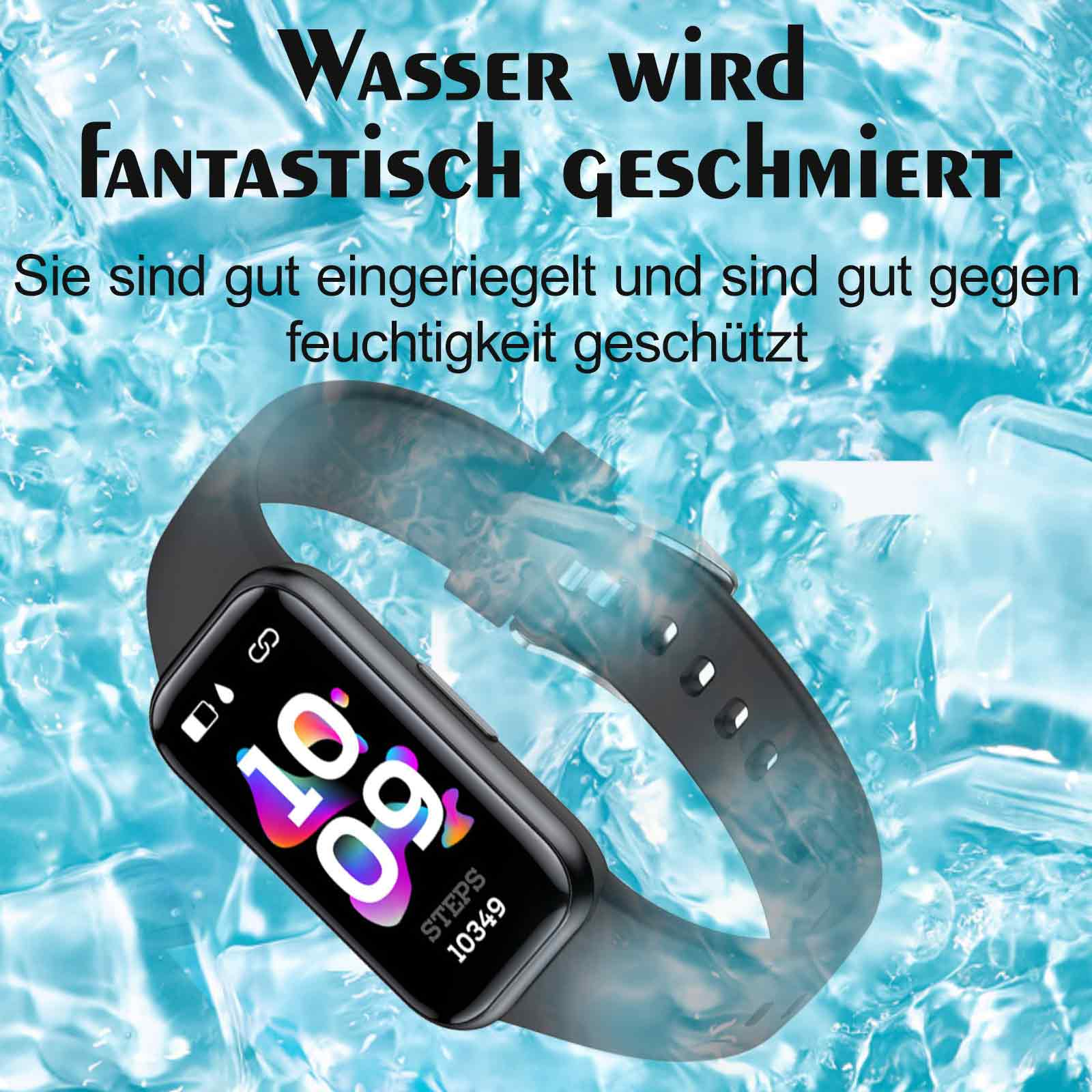 Eine schwarze Smartwatch mit Anzeige von Zeit und Schritten auf blauem Hintergrund.