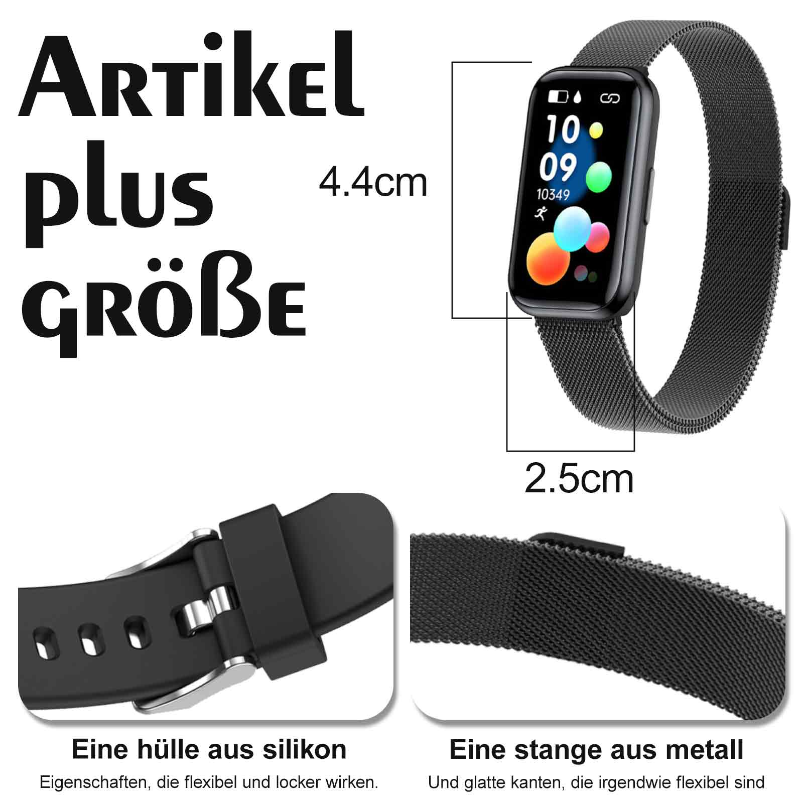 Schwarze Smartwatch mit schwarzem und Silikonband. Die Uhr zeigt Zeit und farbige Symbole an.
