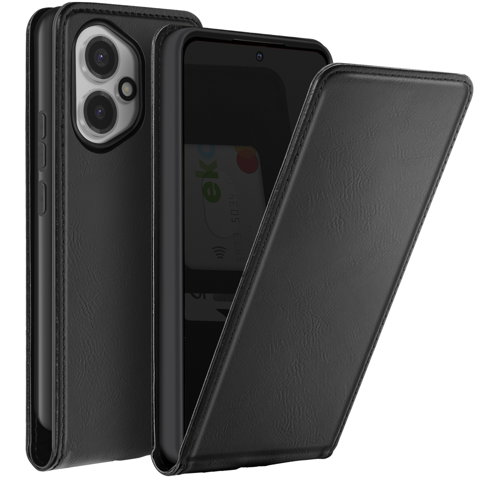 Una custodia per telefono nera con chiusura magnetica, aperta, rivelando telefono e slot per schede.