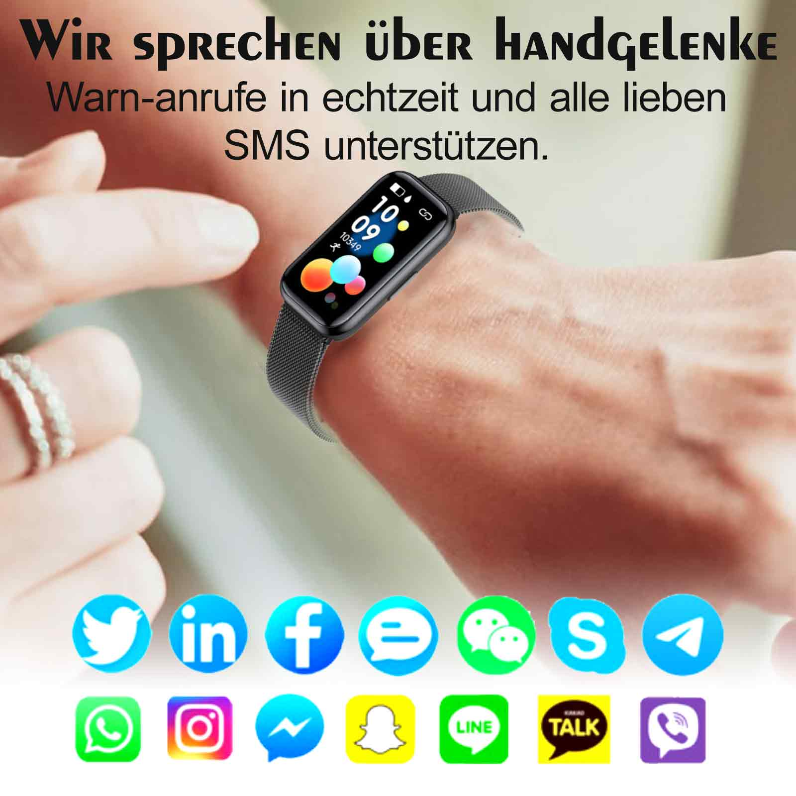 Eine Smartwatch am Handgelenk mit App-Symbolen und Social-Media-Logos. Verschiedene Social-Media-Logos werden gezeigt.