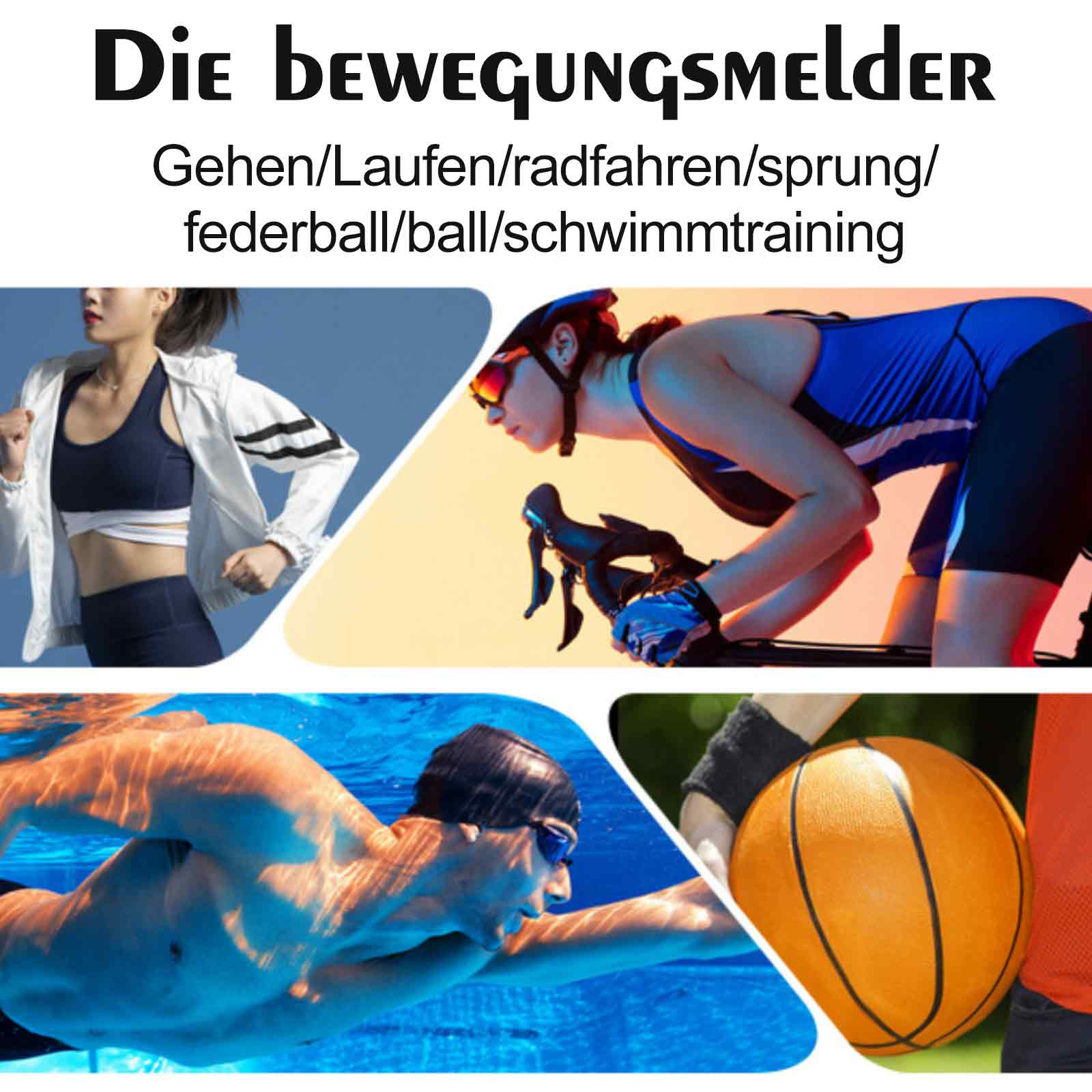 Das Bild zeigt Sportler bei verschiedenen Sportarten wie Laufen, Radfahren und Schwimmen.