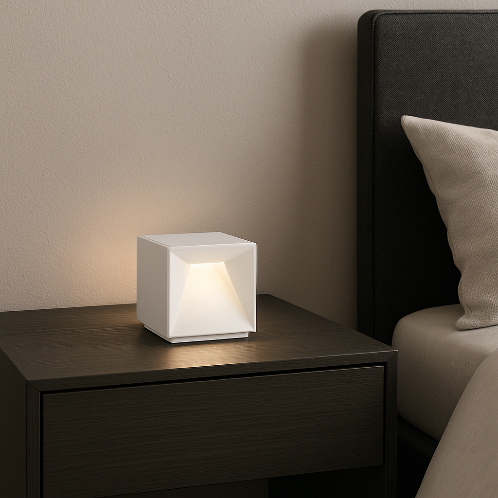Eine weiße, würfelförmige Nachttischlampe mit Lichtausstrahlung, auf einem dunklen Nachttisch platziert.