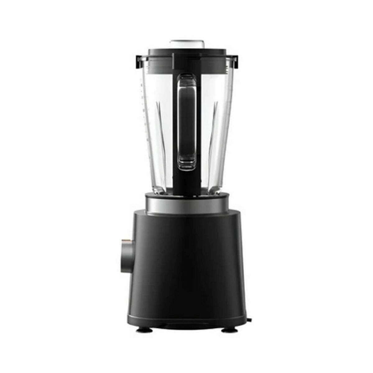 Şeffaf sürahili siyah bir blender beyaz bir arka planda duruyor.