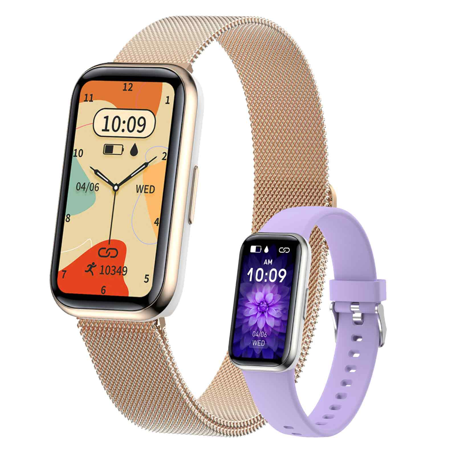 Eine Smartwatch mit goldenem Band und eine lila Banduhr.