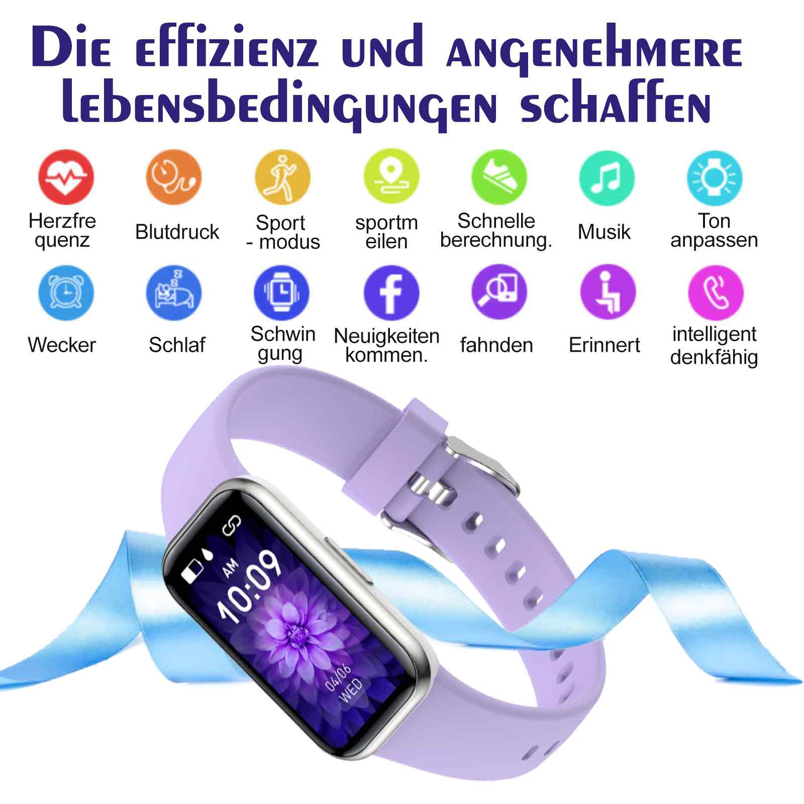 Eine Smartwatch mit lila Armband und Icons für Gesundheits-Apps. Text: 'Die Effizienz und angenehmere Lebensbedingungen schaffen'.