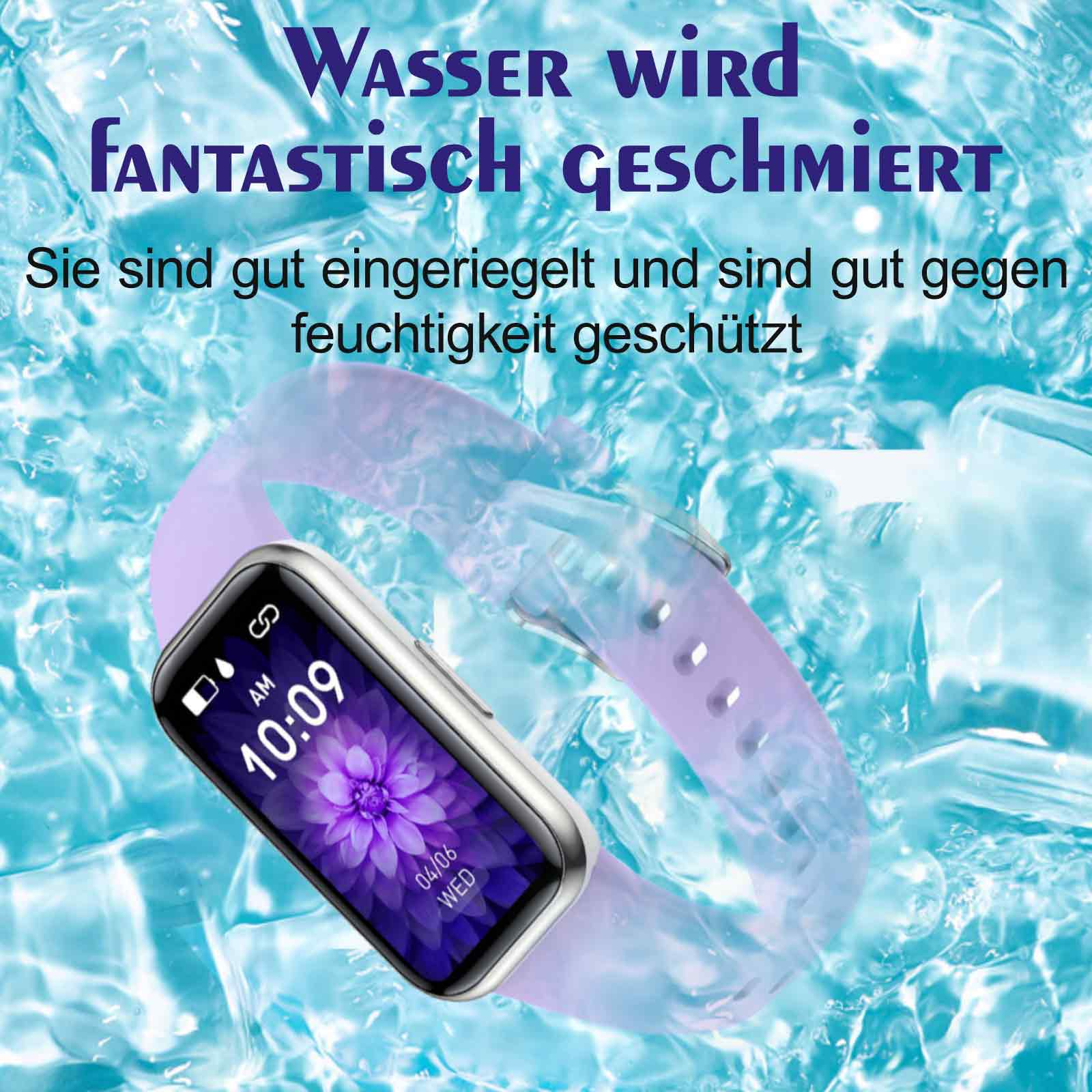 Eine Smartwatch mit lila Armband wird in einer eisigen Umgebung gezeigt.