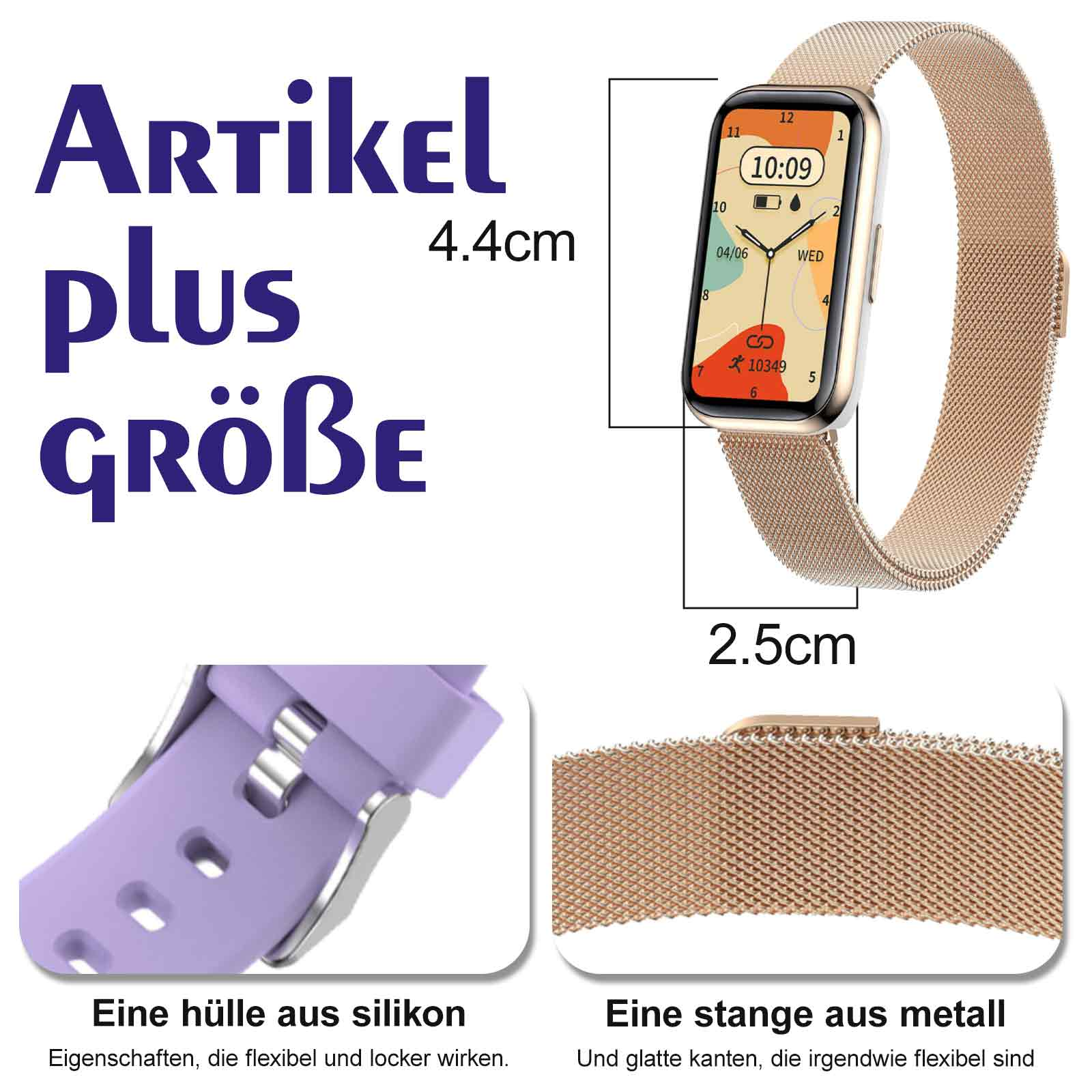 Eine Smartwatch mit goldenem Band, die Zeit und Datum anzeigt. Text: 'Artikel plus Größe'.