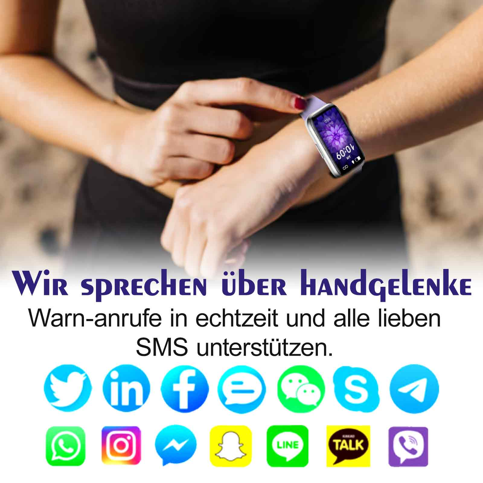 Eine Person mit Smartwatch, darunter Social-Media-Icons auf weißem Grund.