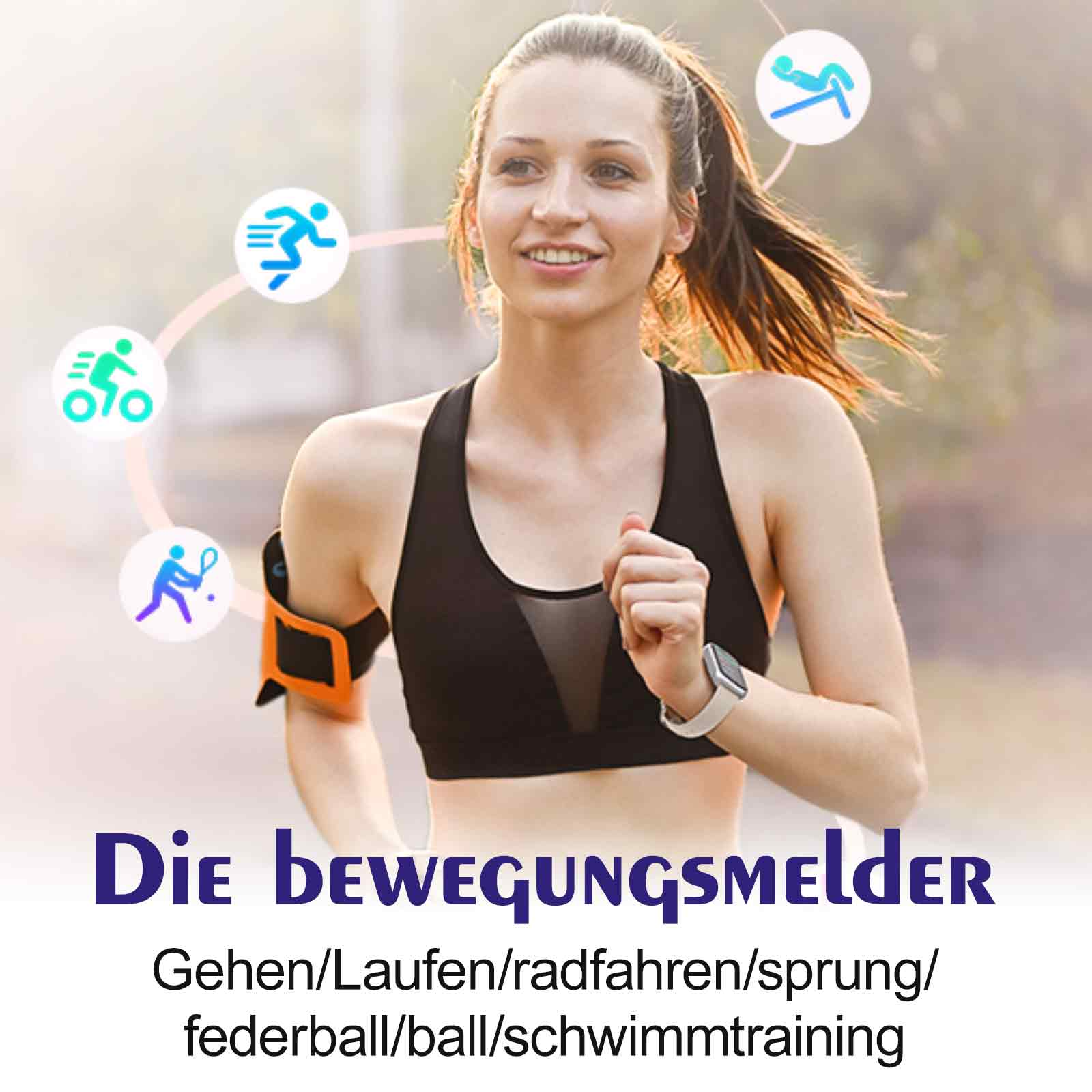 Eine Frau beim Laufen, mit einer Smartwatch, mit Icons für sportliche Aktivitäten. Text: 'Die bewegungsmelder'.