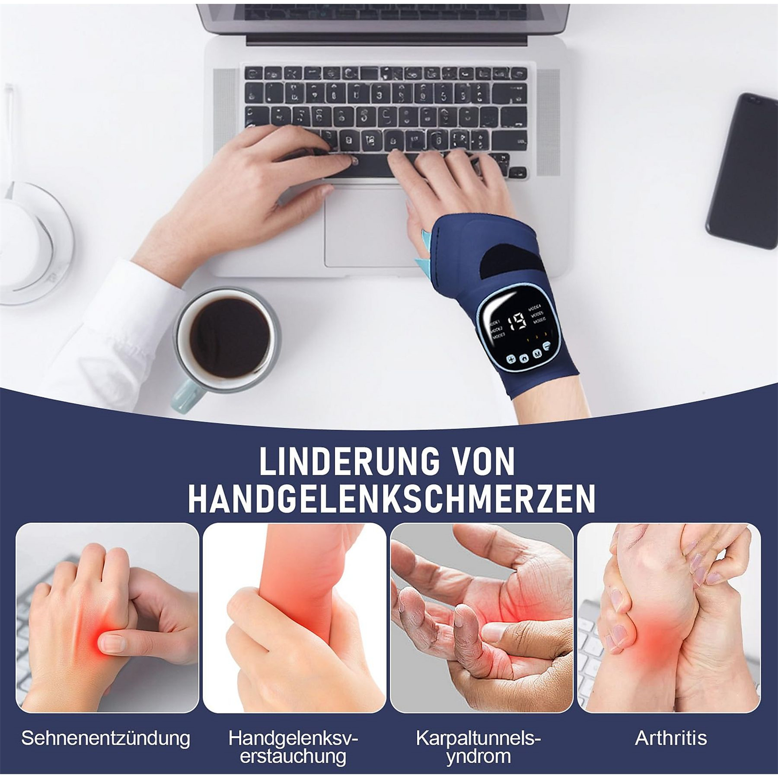 Hände benutzen einen Laptop mit einem Handgelenkmassagegerät und Bildern von Handgelenksbeschwerden. Text: 'Linderung von Handgelenkschmerzen'.