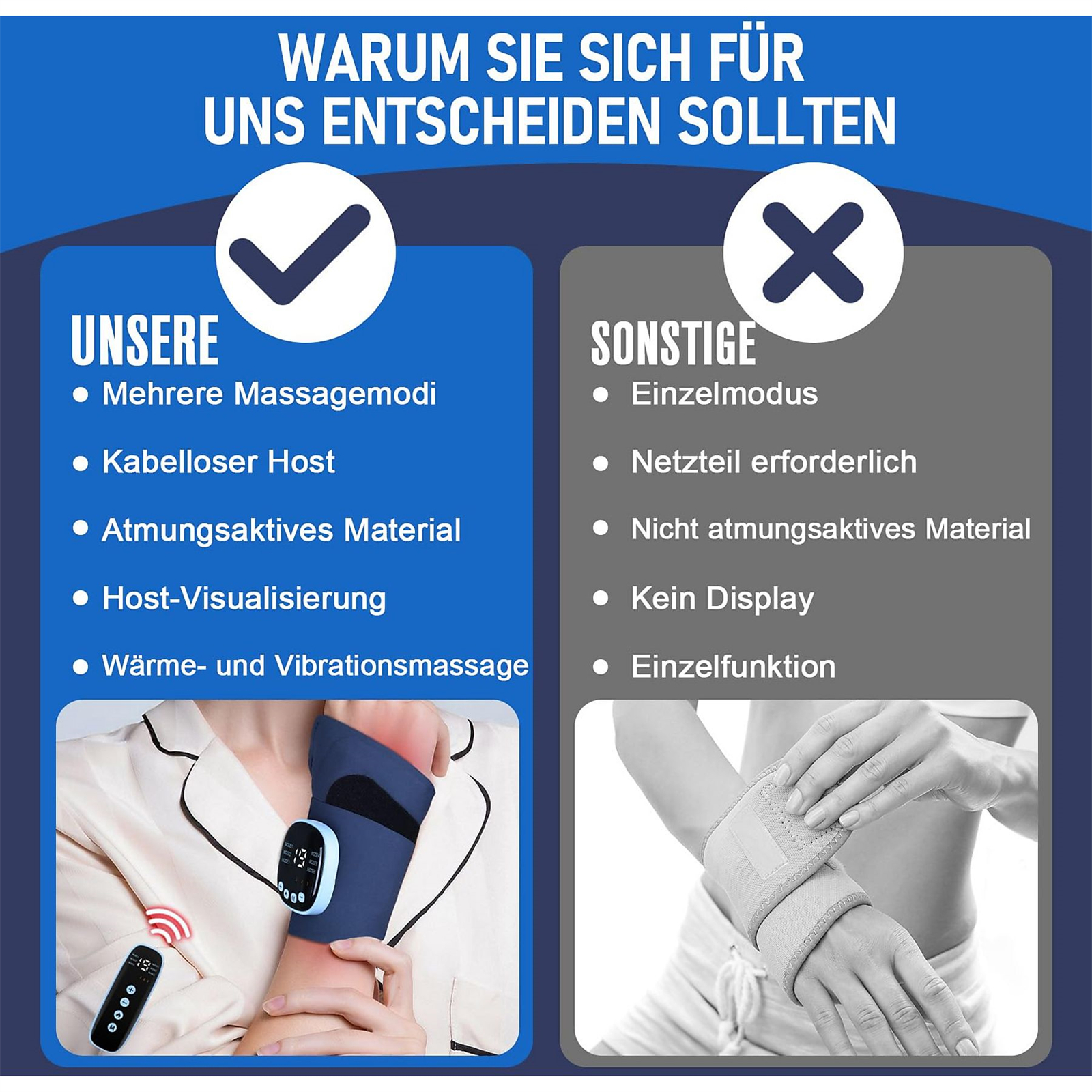 Ein Vergleich, der die Vorteile eines Produkts gegenüber seinen Wettbewerbern hervorhebt. Text und Bilder werden verwendet.