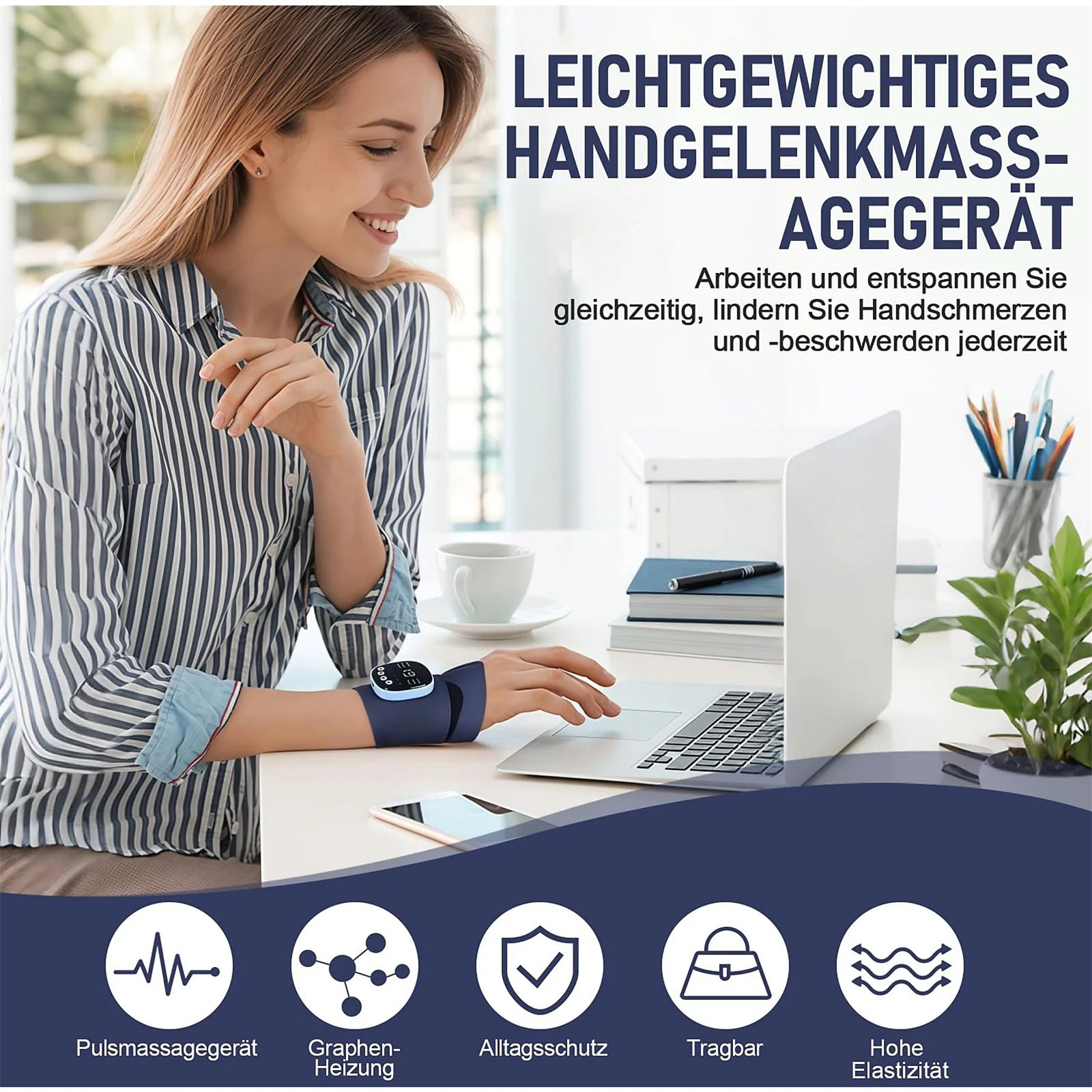 Frau arbeitet am Laptop und trägt ein Handgelenkmassagegerät. Text: 'Leichtgewichtiges Handgelenkmassagegerät'.