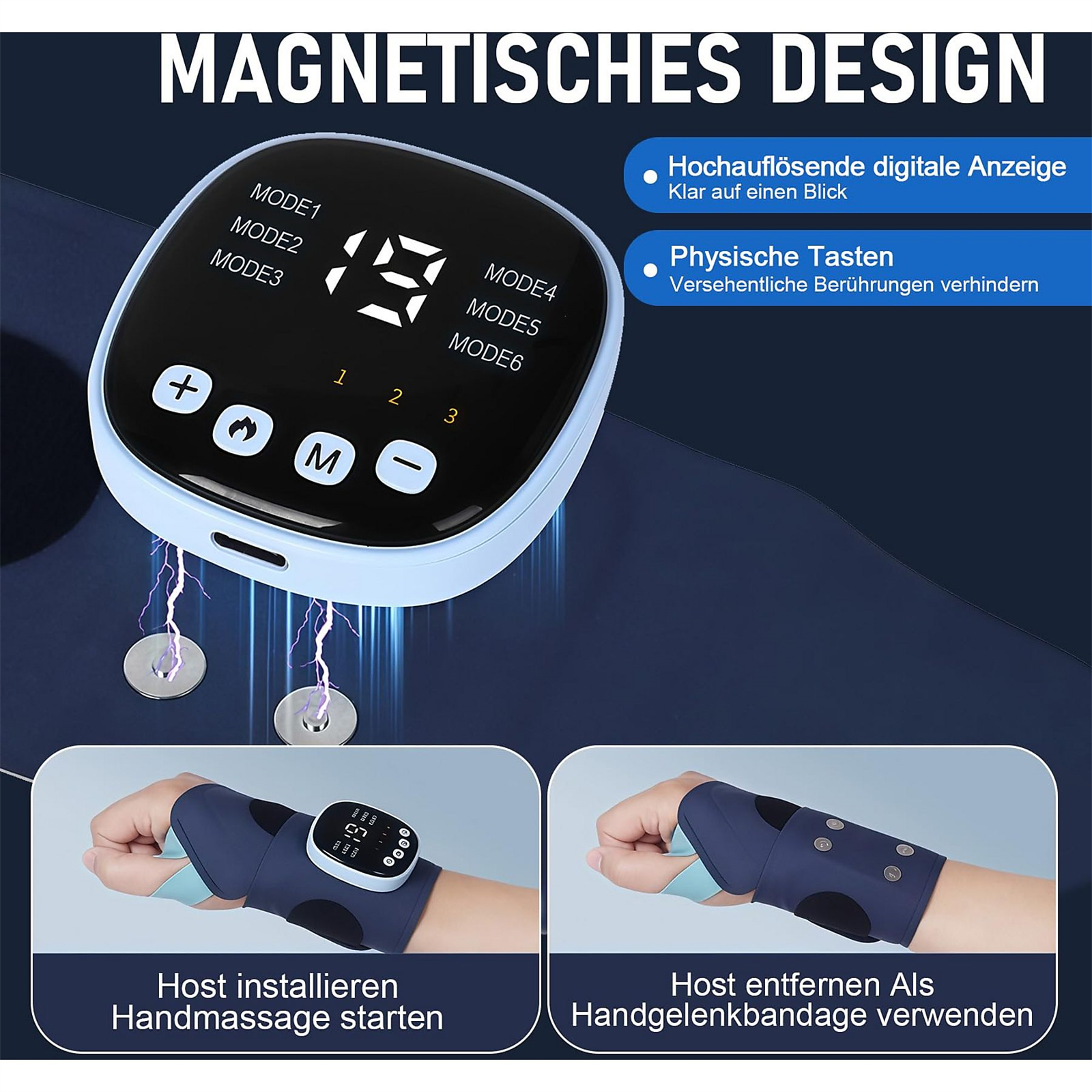 Ein Bild, das ein Gerät mit Display zeigt und wie es am Handgelenk verwendet wird. Das Gerät ist blau mit weißem Text.
