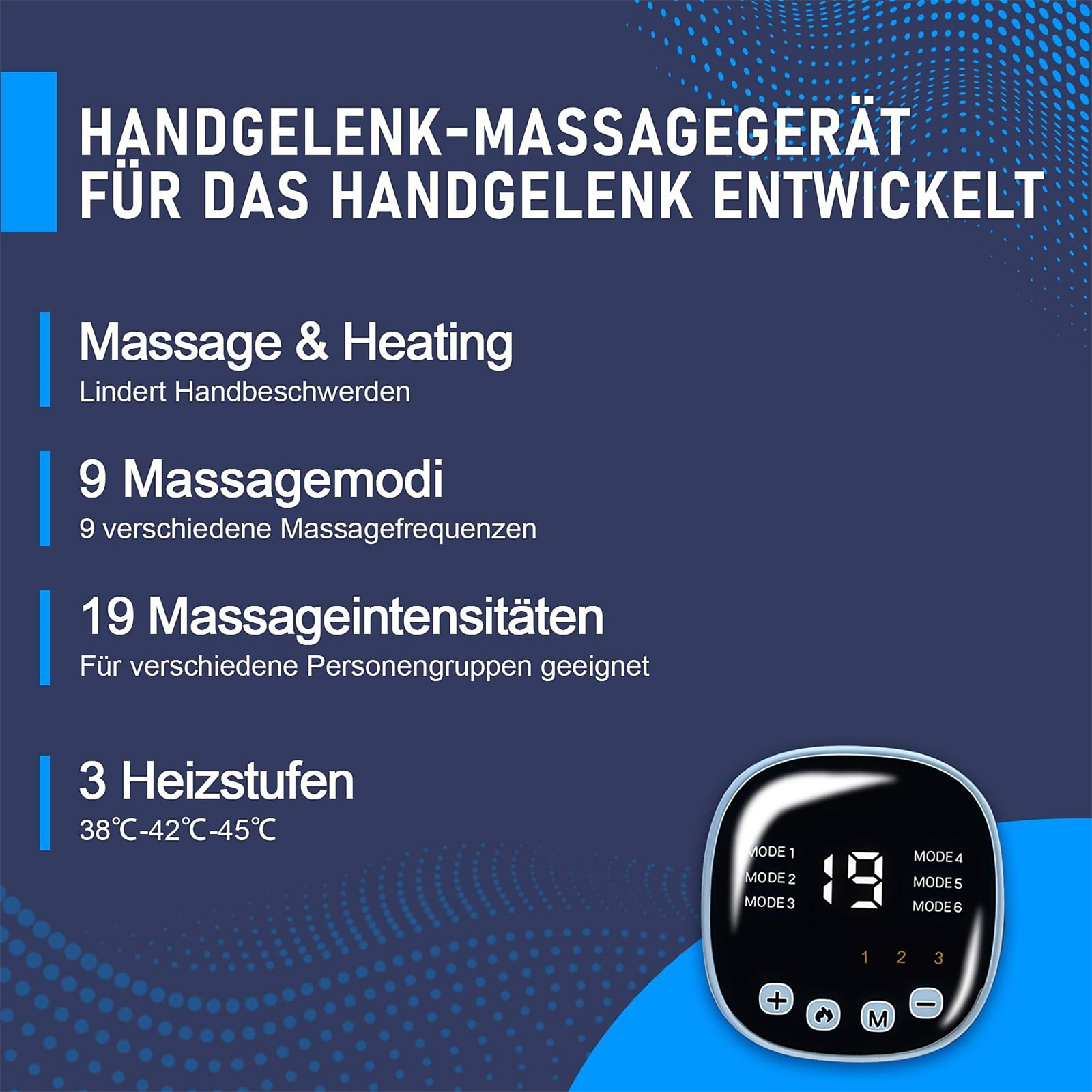 Text mit Massageinfos und ein Controller mit Knöpfen und einem Bildschirm mit '19'.