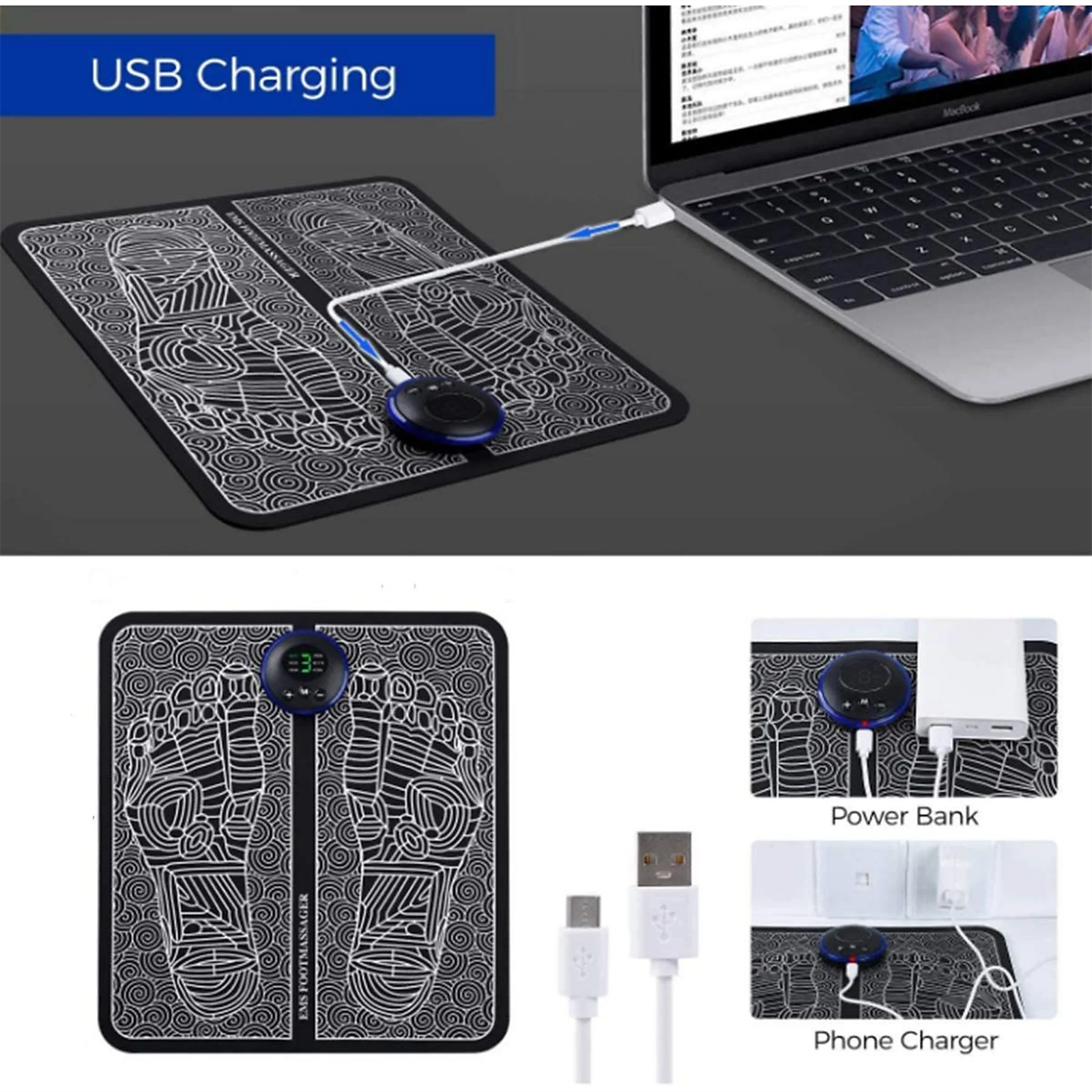 Eine Reihe von Bildern, die das Aufladen eines Fußmassagegeräts per USB veranschaulichen. Enthält Details zu Ladegerät und Powerbank.