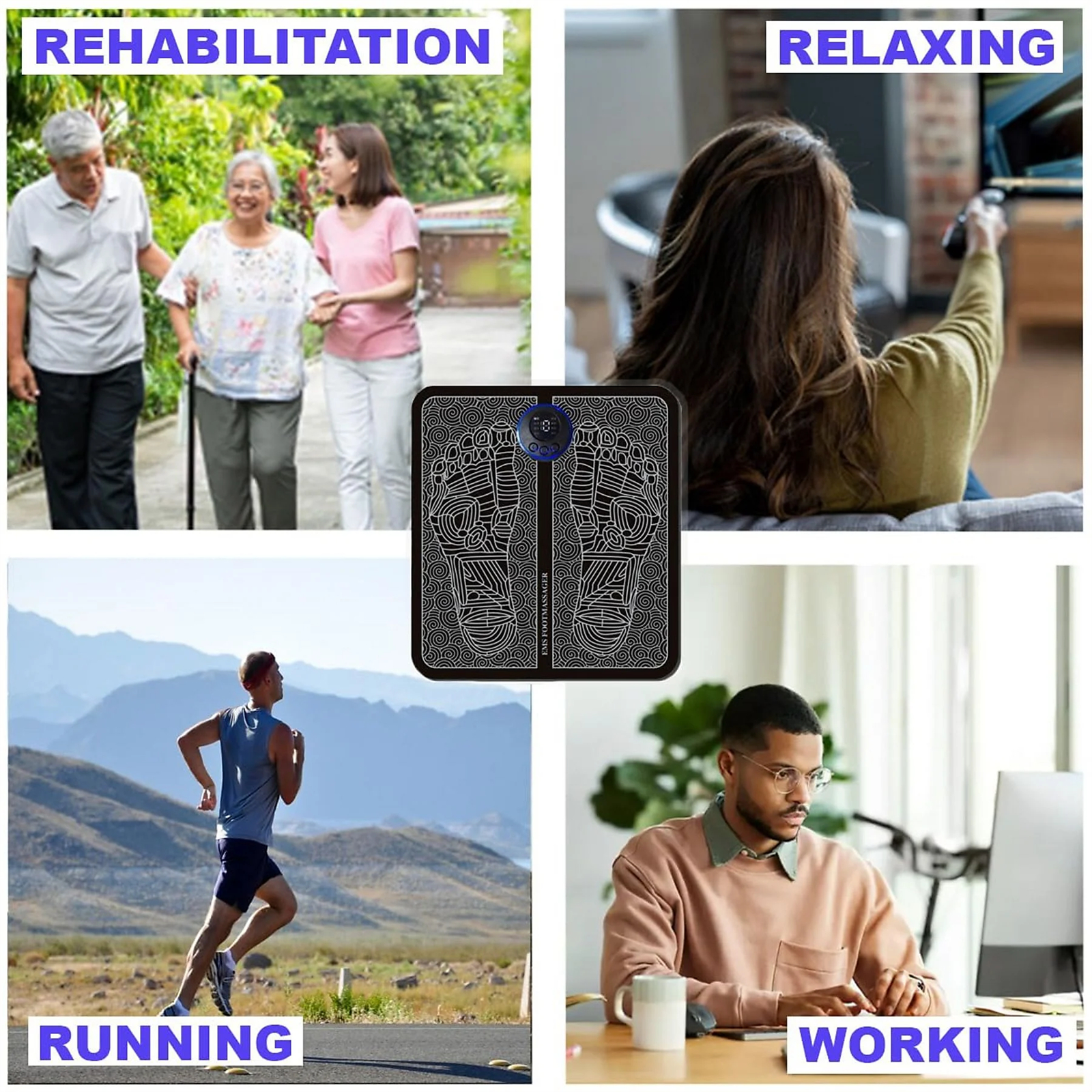 Vier Bilder: Rehabilitation, Entspannung, Laufen, Arbeiten. Alle mit Fußmassagegerät.