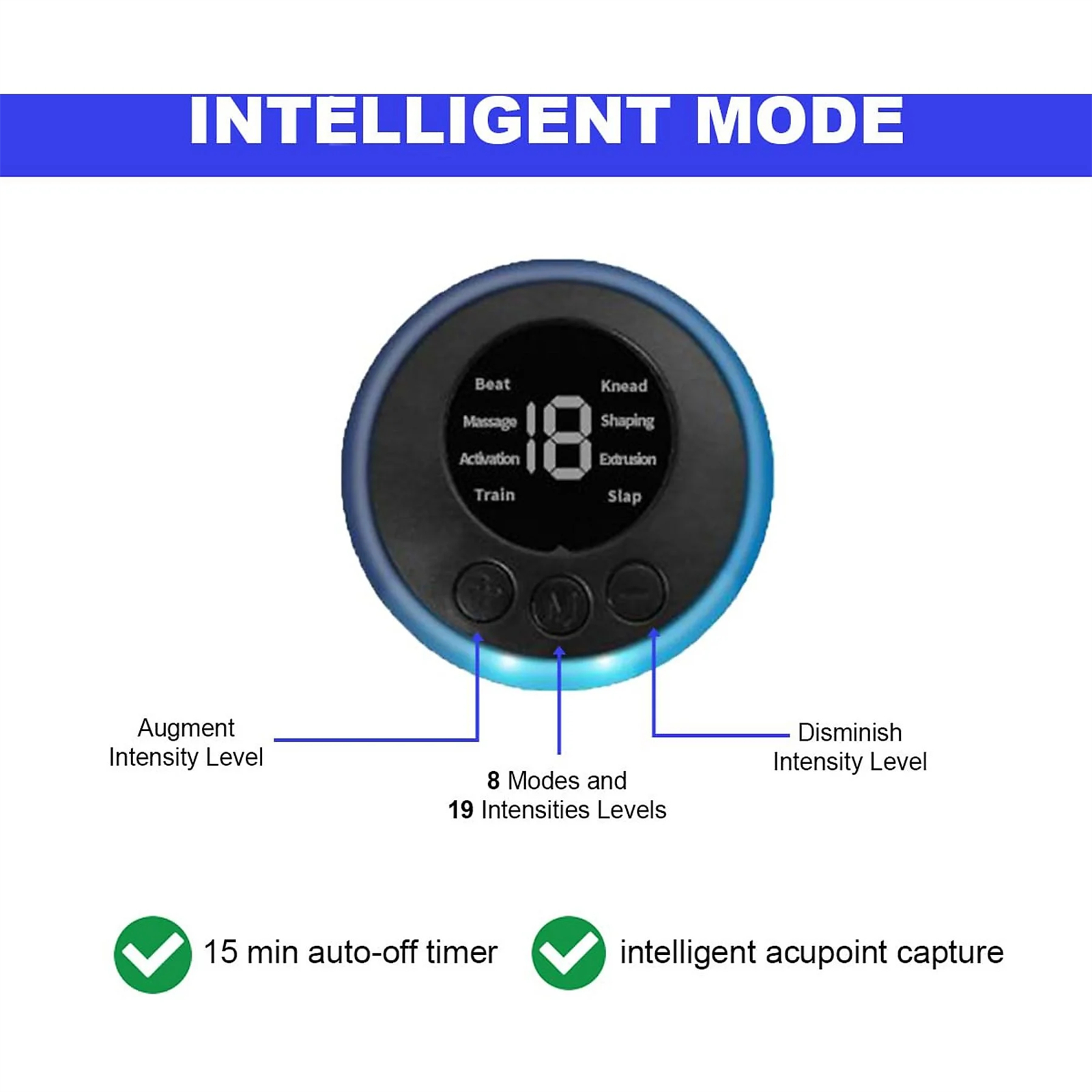 Ein Gerät mit Knöpfen und einem Bildschirm, der 18 und 19 zeigt. Text: intelligenter Modus.