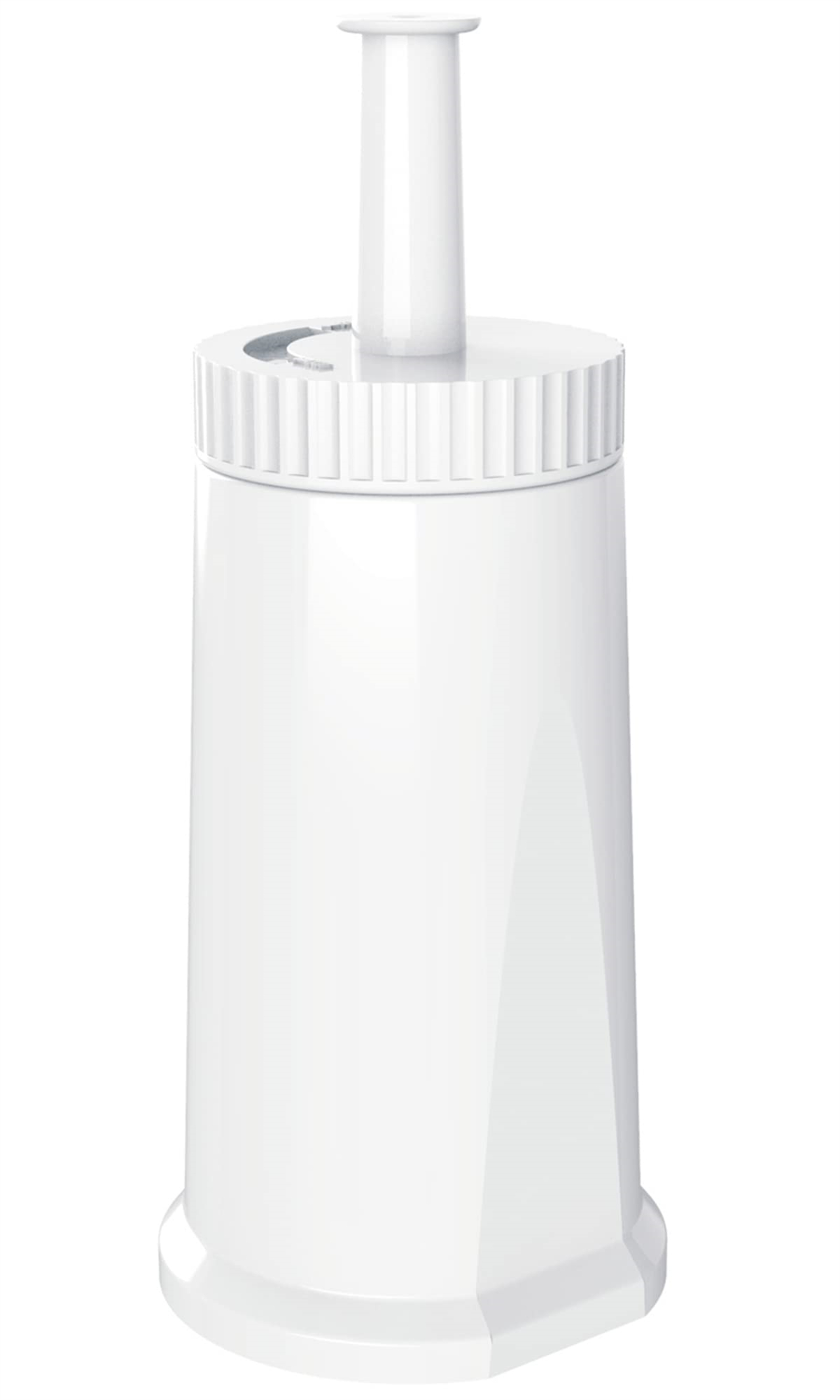 Eine weiße Wasserfilterpatrone, zylindrisch geformt, mit geriffelter Oberseite und einem zentralen, erhöhten Ausguss.