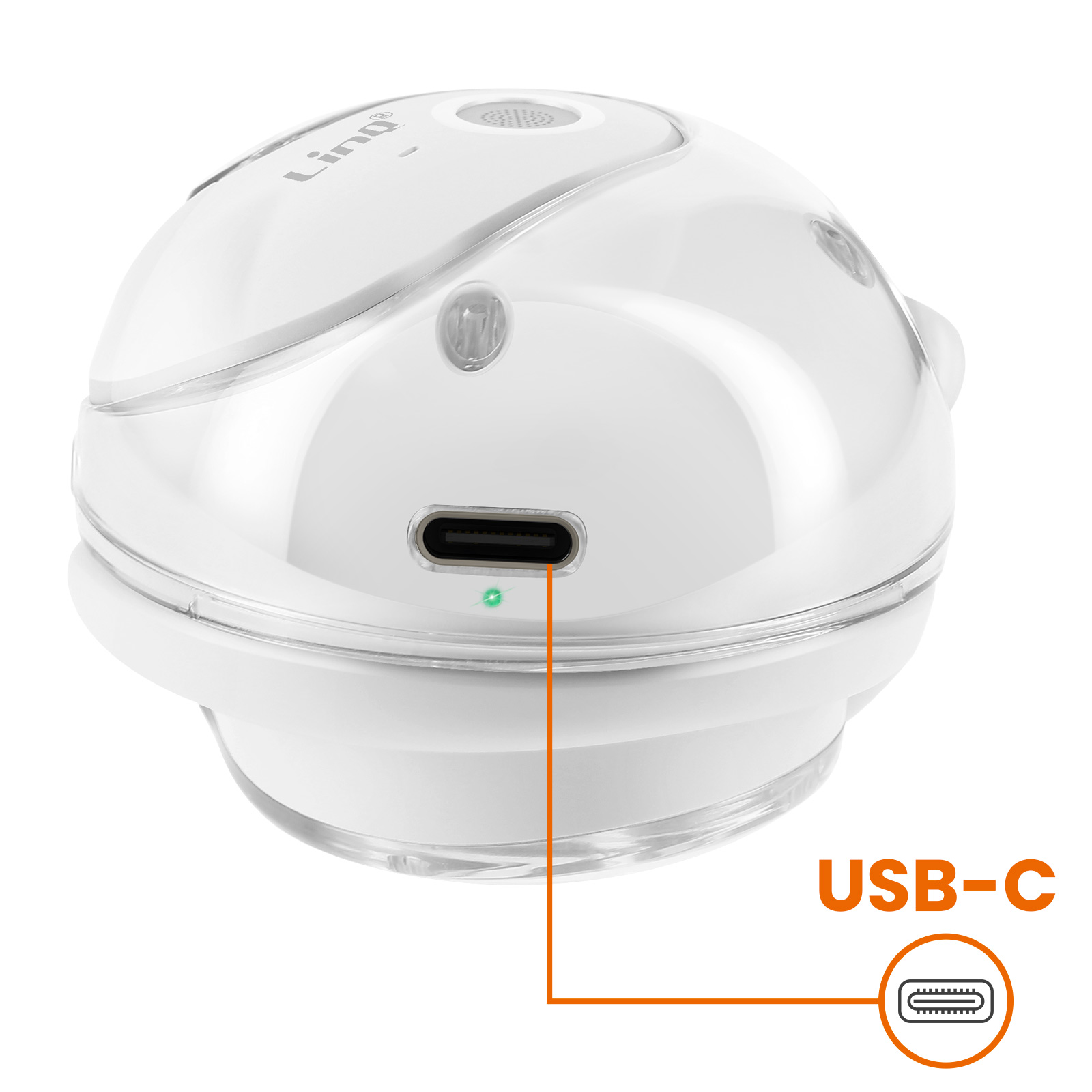 Weißes, abgerundetes Gerät mit dem Wort "Ling" und einem USB-C-Anschluss zum Aufladen.