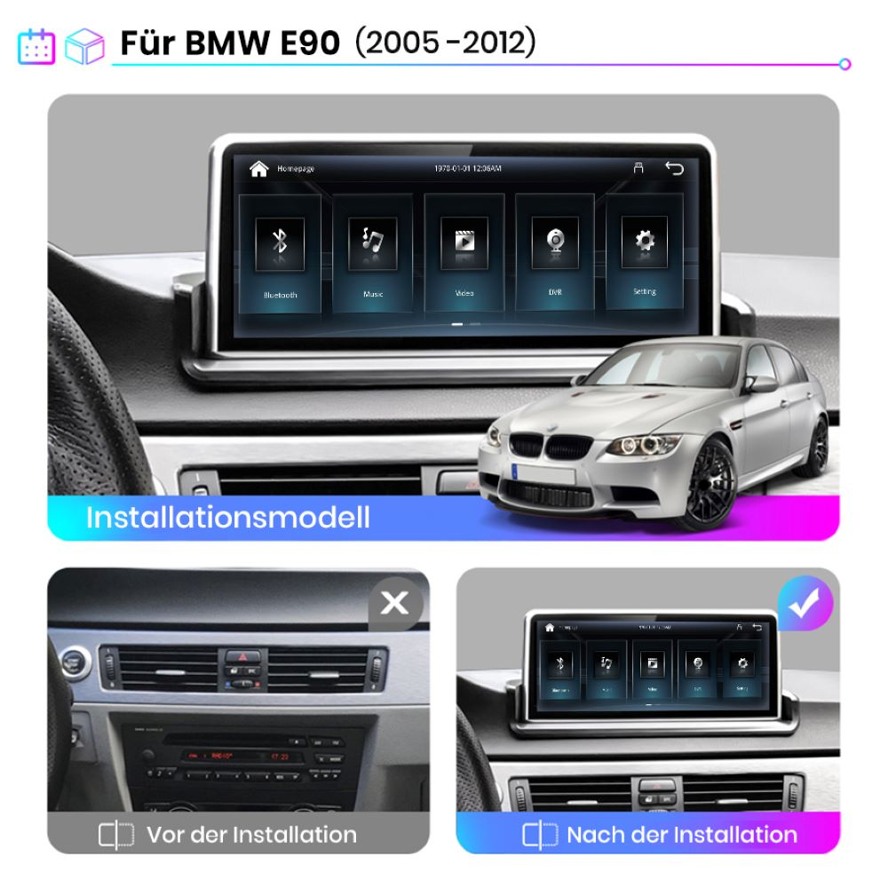 Armaturenbrett mit Bildschirm für BMW E90, zeigt Vorher-Nachher-Installationsbilder.