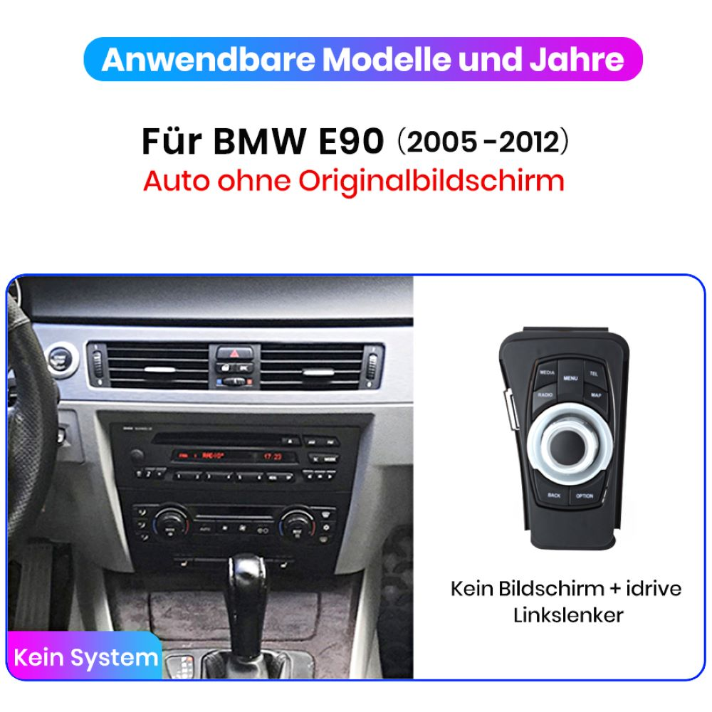 Armaturenbrett mit Radio und iDrive, BMW E90, mit Text, der keinen Bildschirm anzeigt.