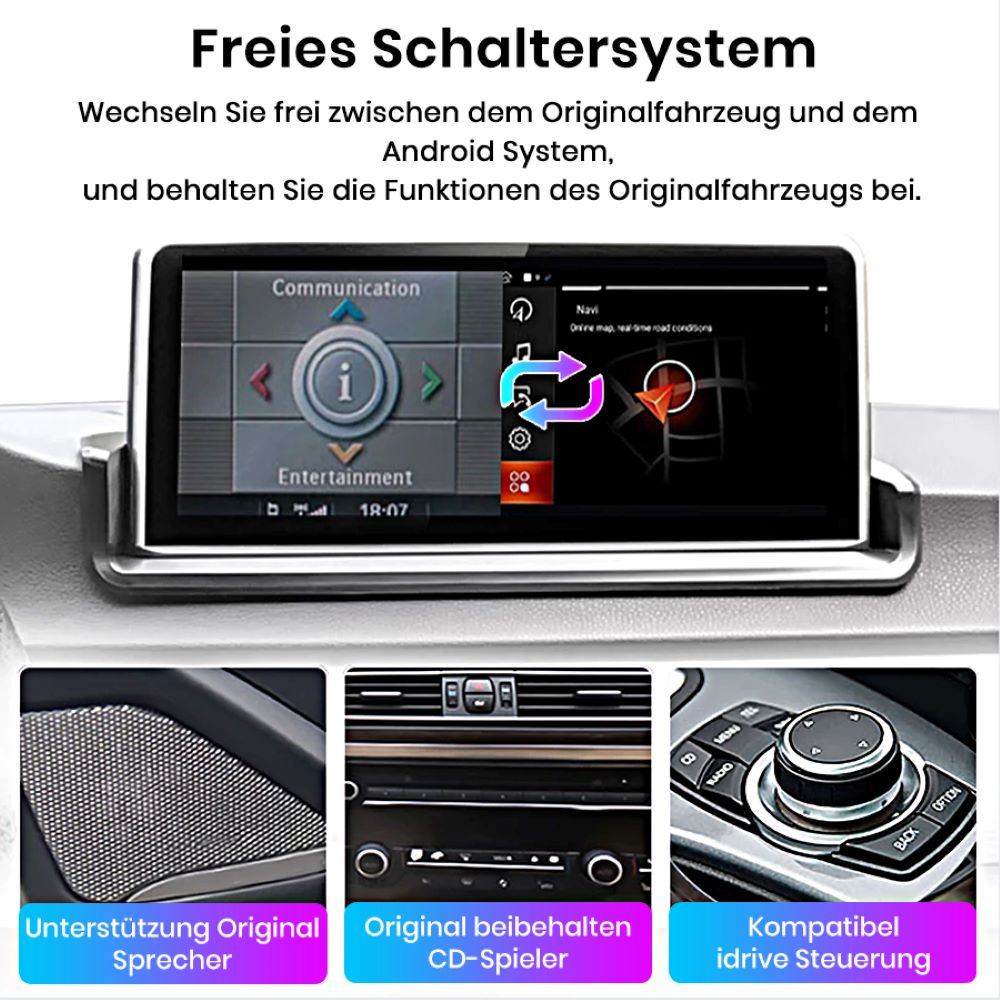 Armaturenbrett mit Bildschirm, der eine Benutzeroberfläche mit Symbolen und Text zeigt, und Bilder.